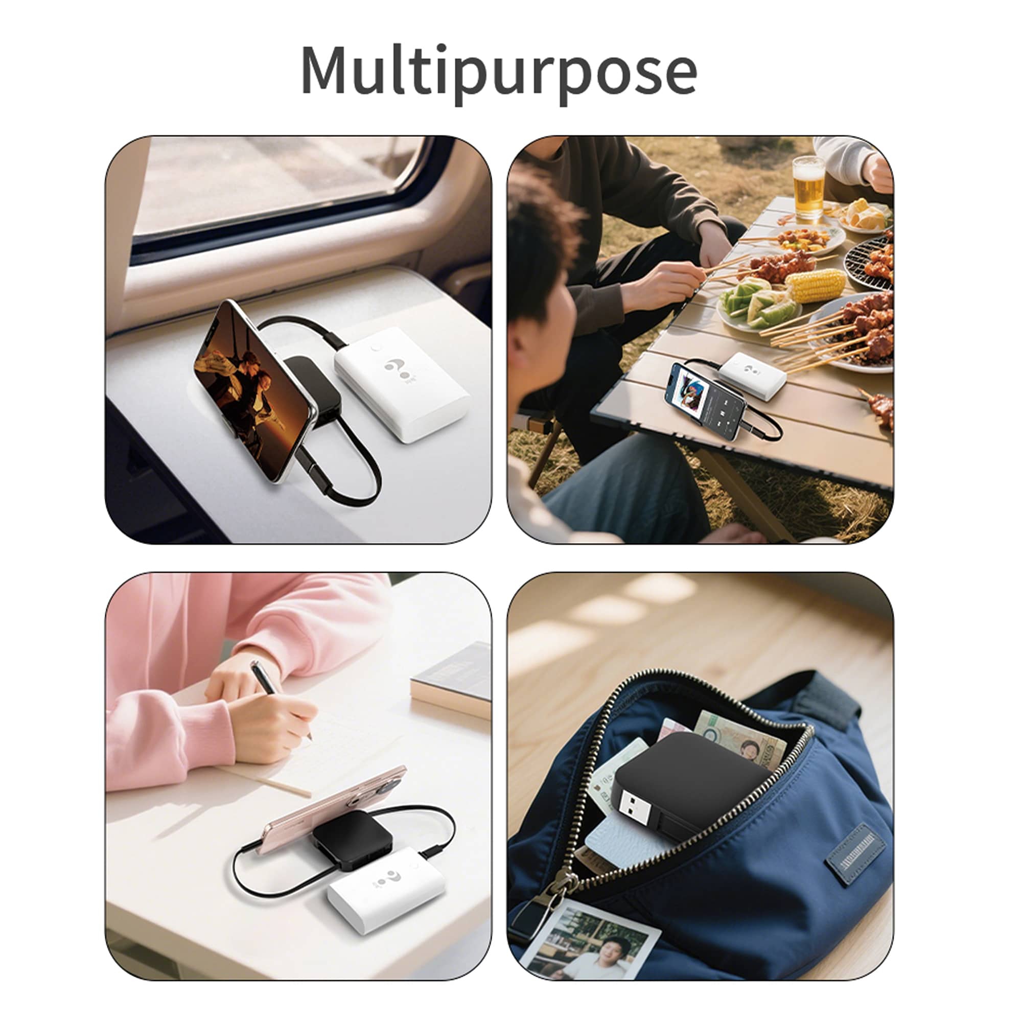 A white 60W 4-in-1 retractable charging cable with phone stand displayed in various settings, featuring a logo.