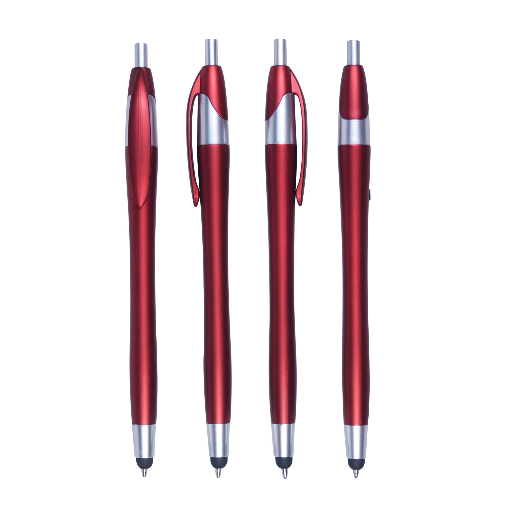 A set of four red stylus pens with silver accents, featuring different designs and a logo on each.