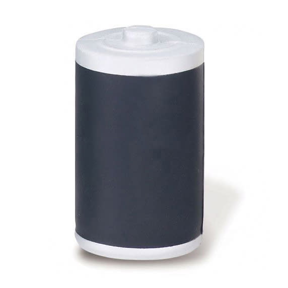 A battery-shaped stress reliever in black and white, with a smooth surface and rounded top.