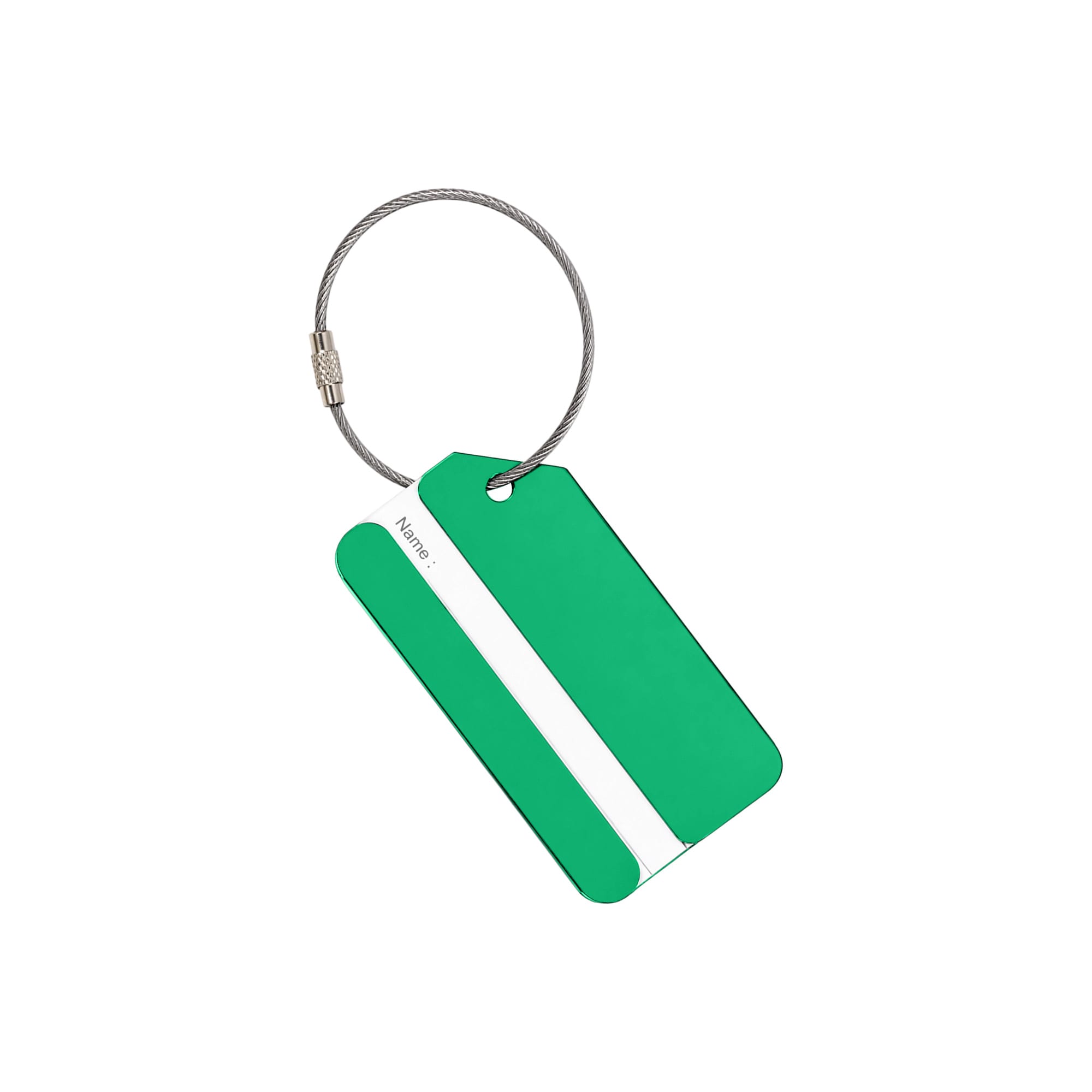 A green square aluminium luggage tag with a white space for a name and a durable metal loop.
