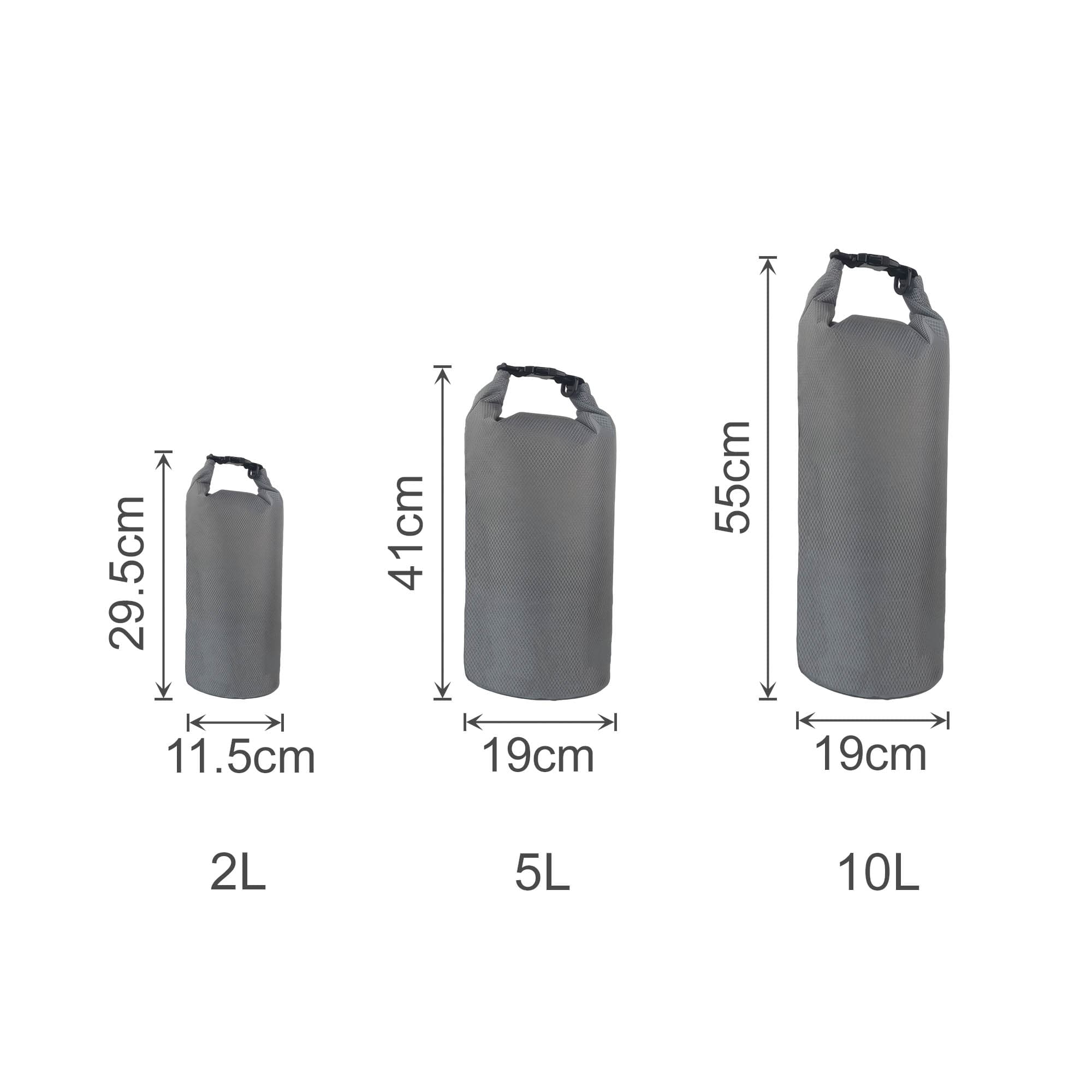 Three grey Oxford cloth dry bags of varying sizes: 2L, 5L, and 10L, displayed with dimensions. Each has a handle.