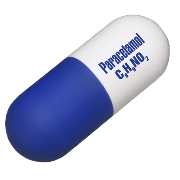 A capsule-shaped stress reliever with a blue and white design, featuring a logo on the surface.