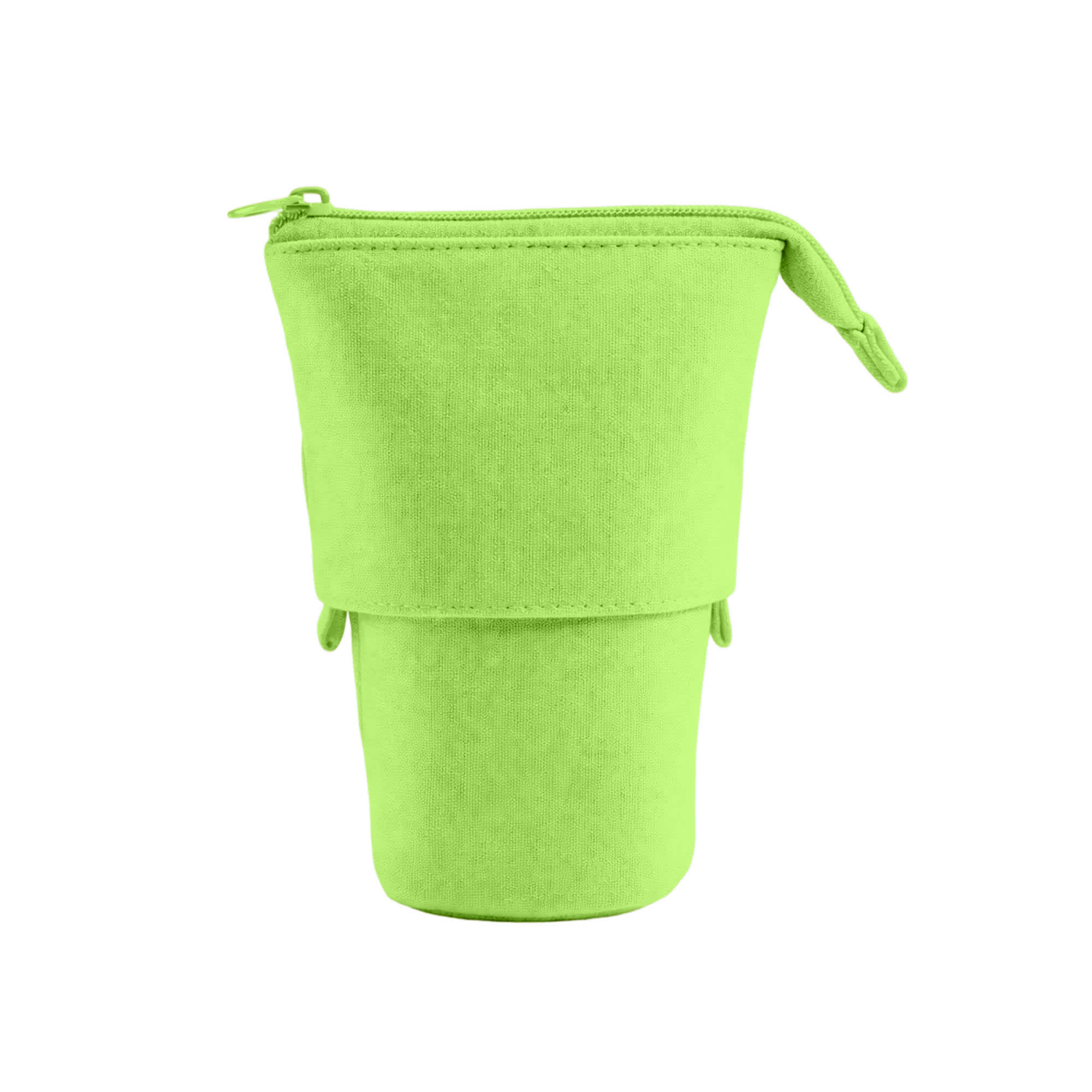 A bright green expandable pencil case with a zipper closure and two side loops. It has a logo on it.