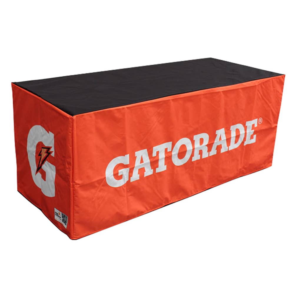 An orange and black 4-side fitted table cloth featuring a logo, designed to cover an 8ft table.