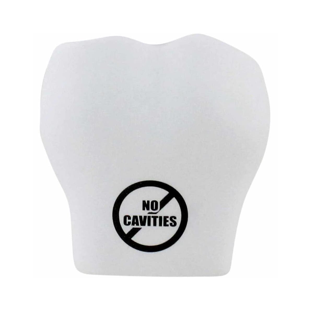 A white stress reliever shaped like a tooth, featuring a logo with a crossed-out symbol and the text "NO CAVITIES".