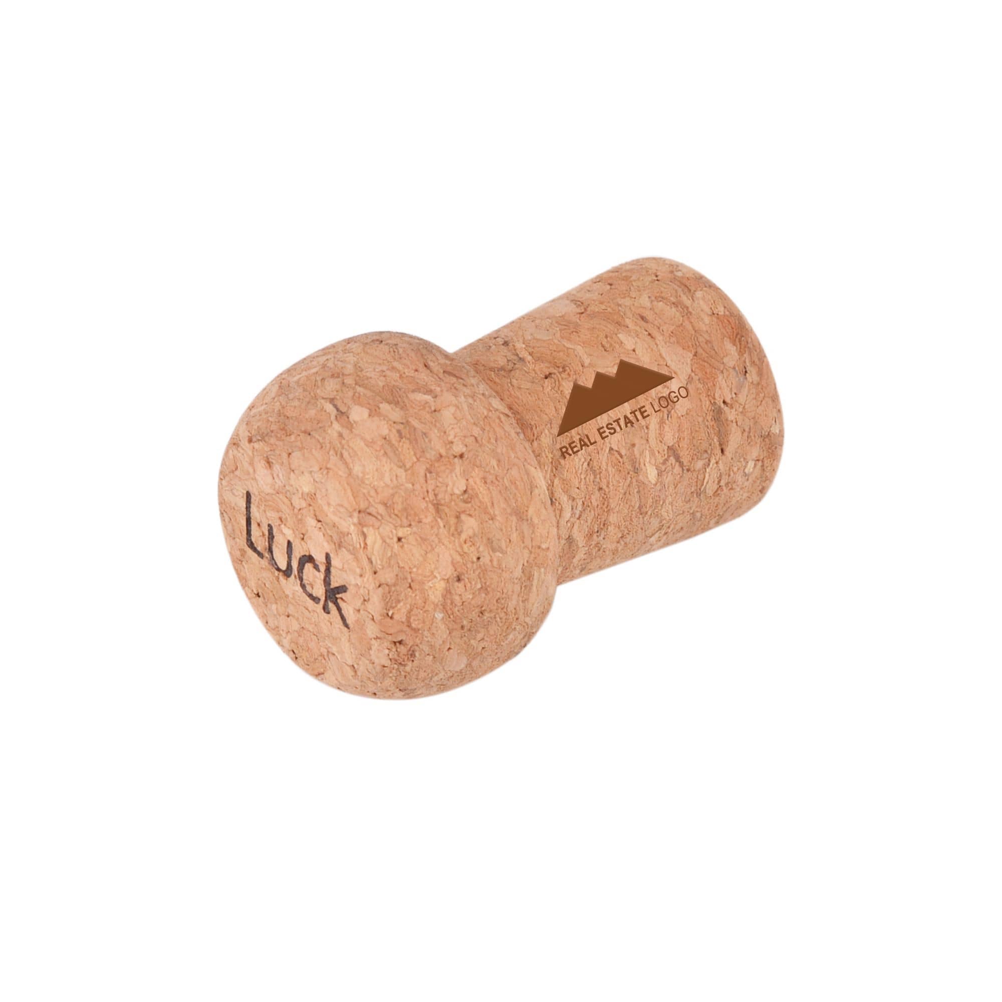A cork-shaped flash drive in natural cork colour, featuring a logo and the word "Luck."