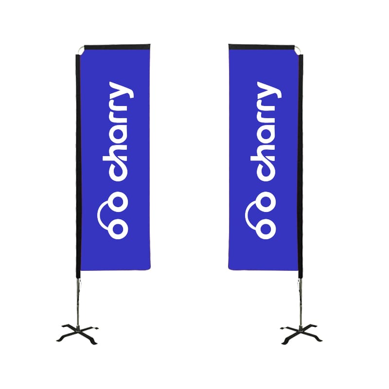 Two medium rectangular banners in blue, displaying a logo, mounted on stands. Each banner measures 70 x 260 cm.