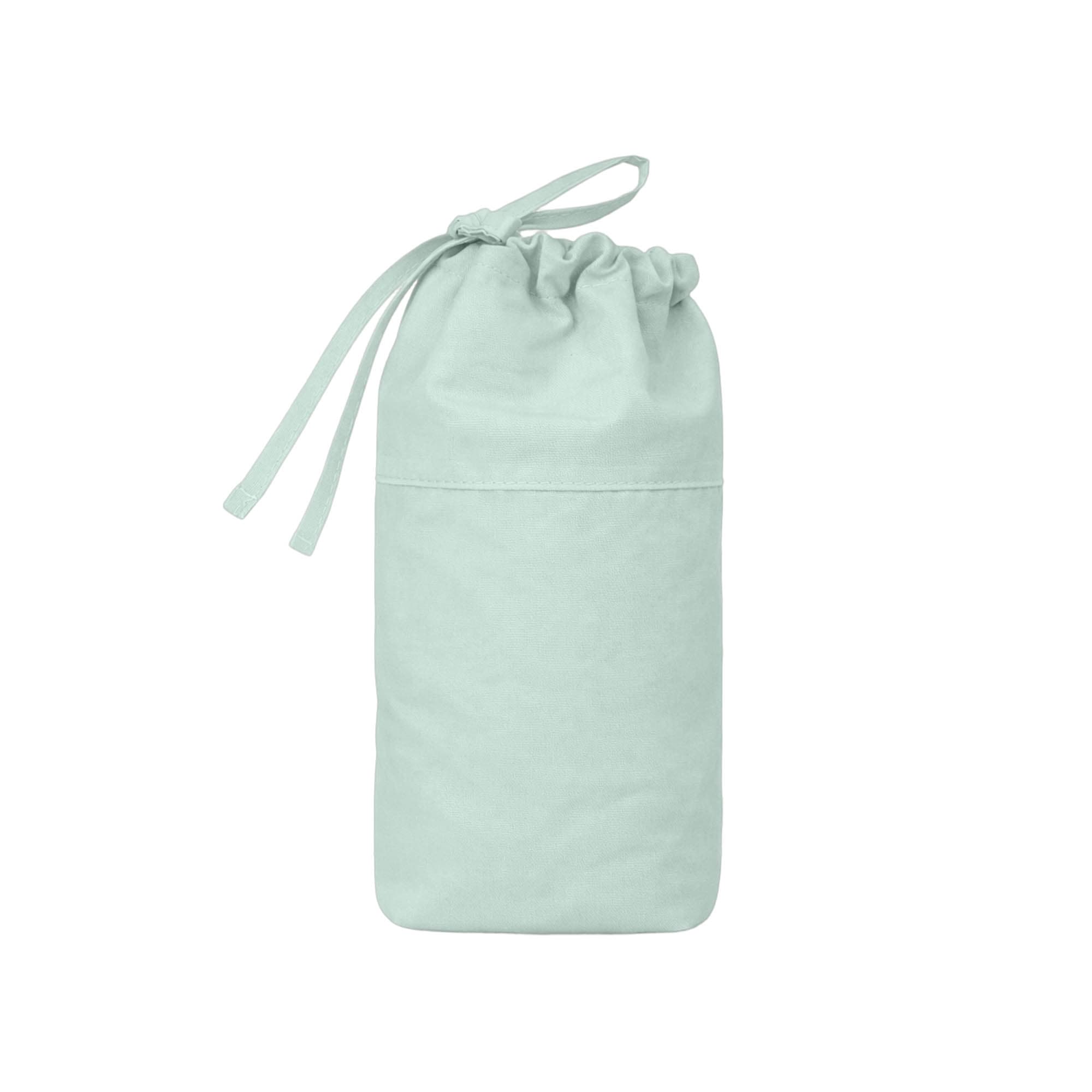 A mint green foldable drawstring pencil case featuring a gathered top and a front pocket, with a logo.