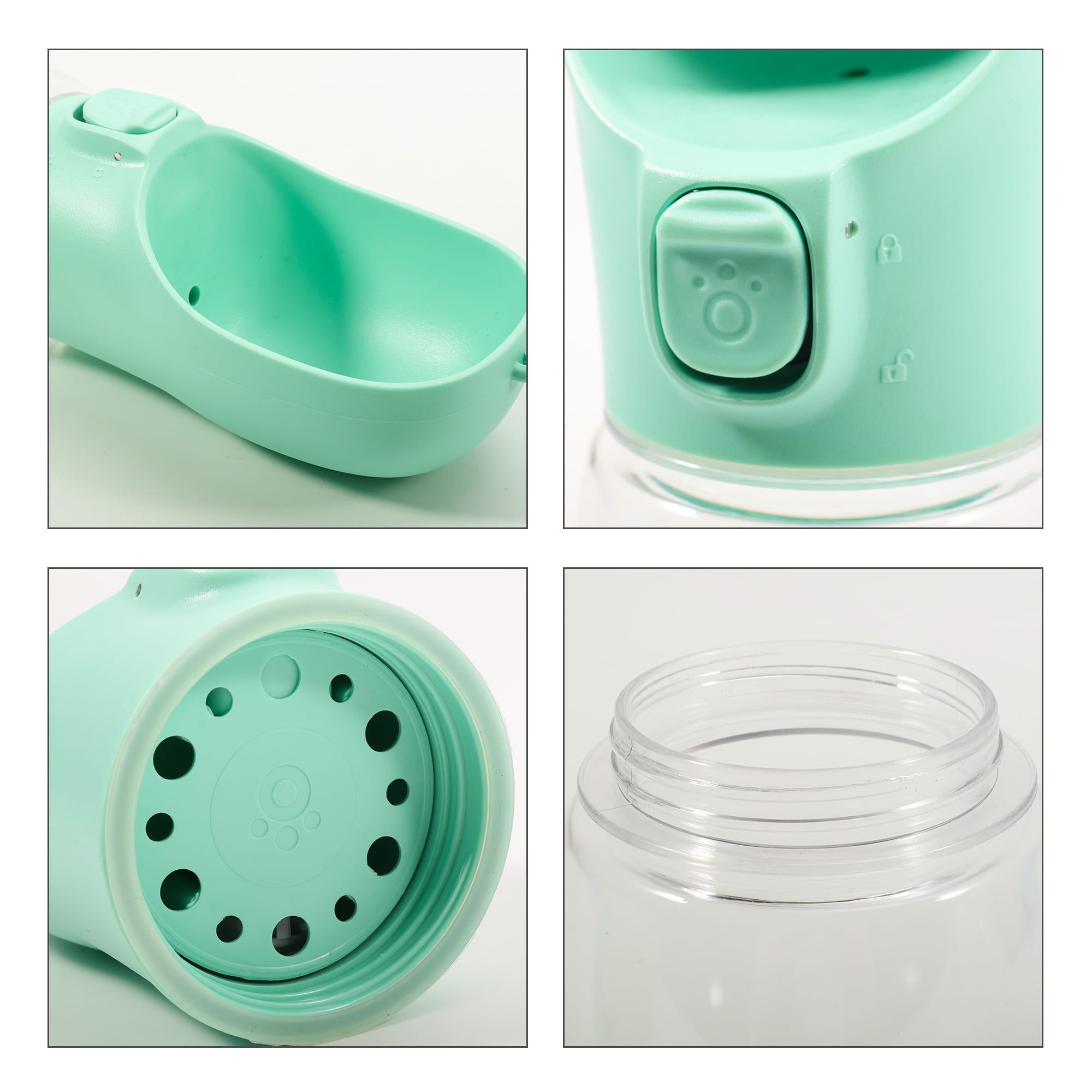 A drink bottle with a mint green hue and a clear water reservoir, featuring a button mechanism and drainage holes.