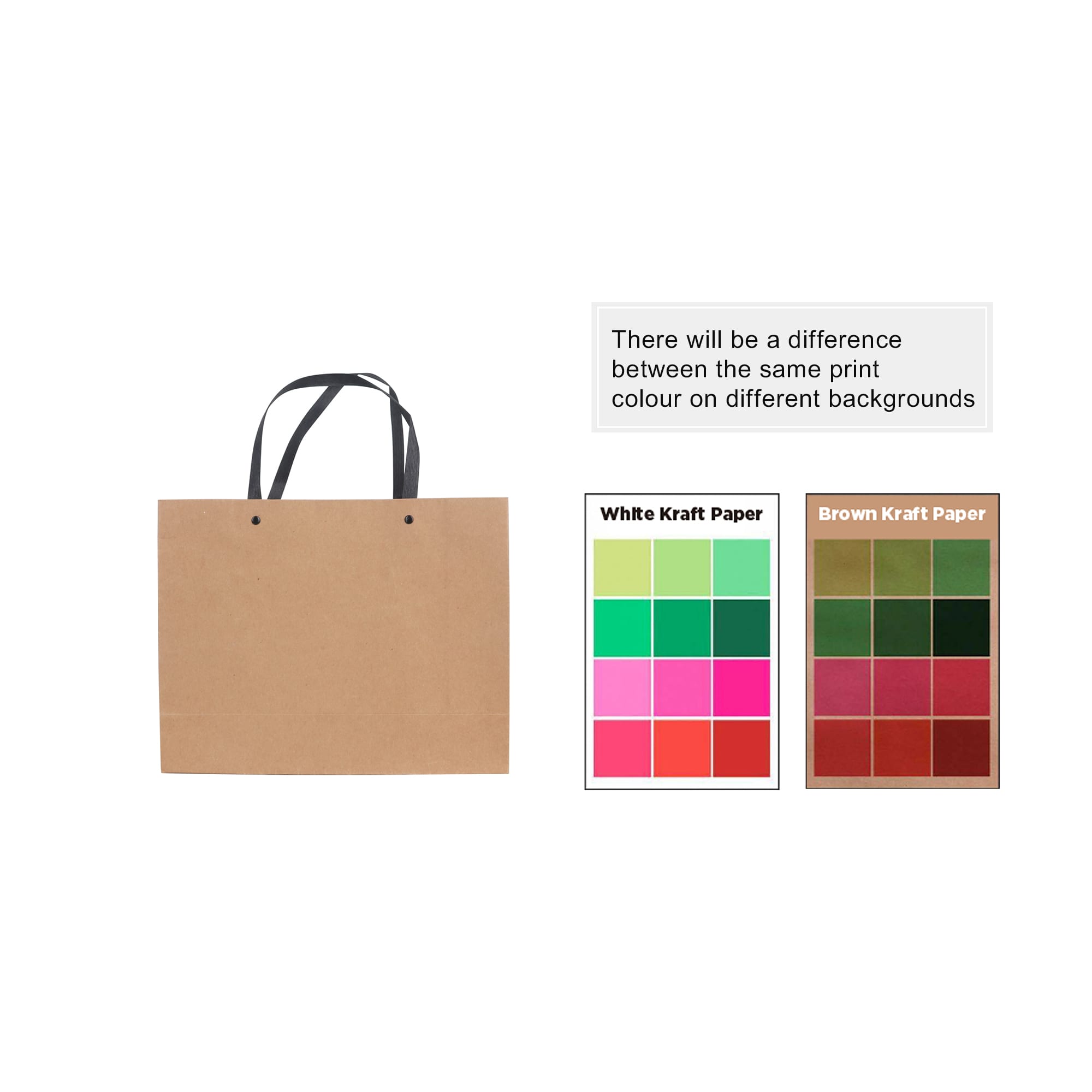 A medium brown kraft paper bag with a knitted handle. It features a logo and swatches of print colours.