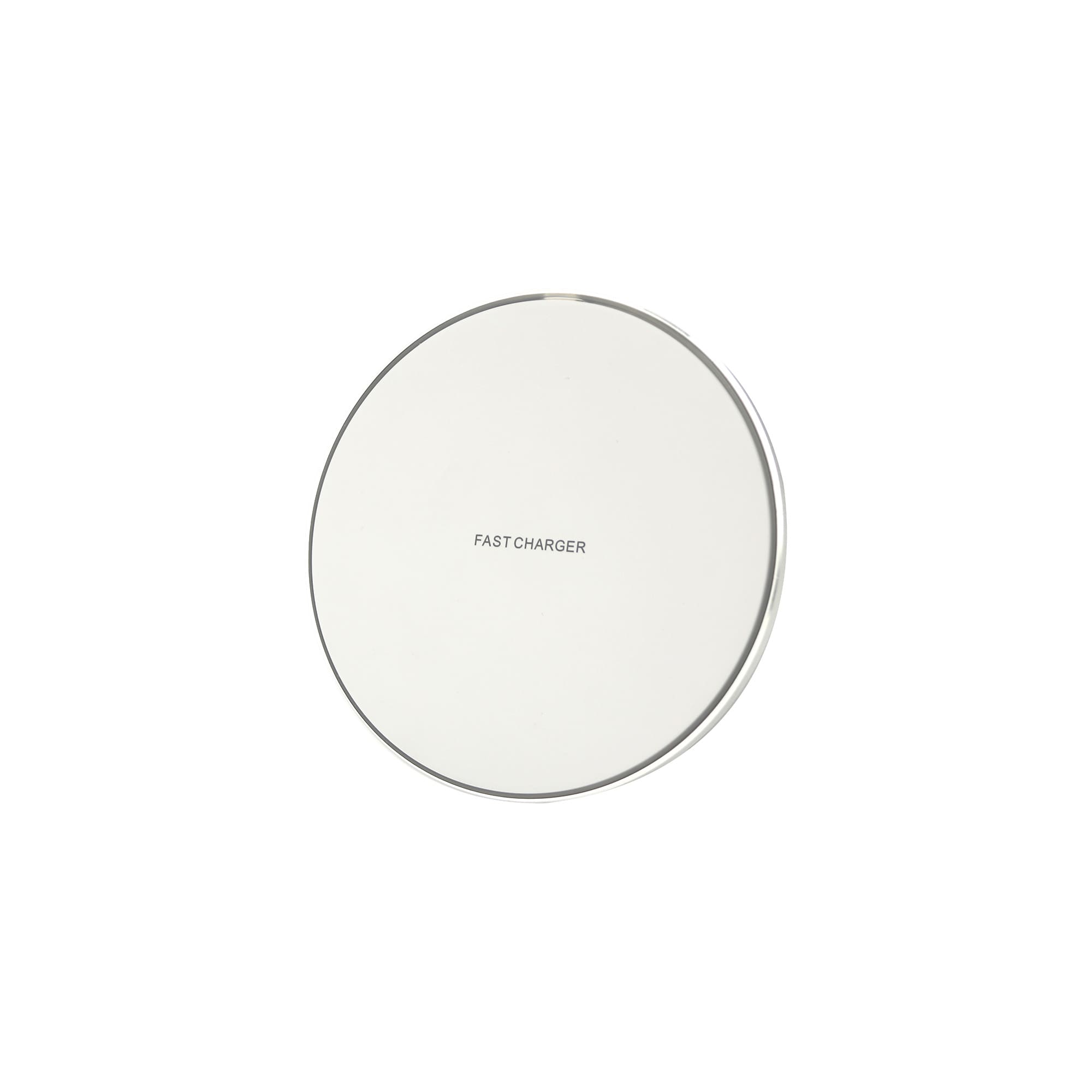 A round, glossy white wireless charger with a sleek design and a visible branding logo.