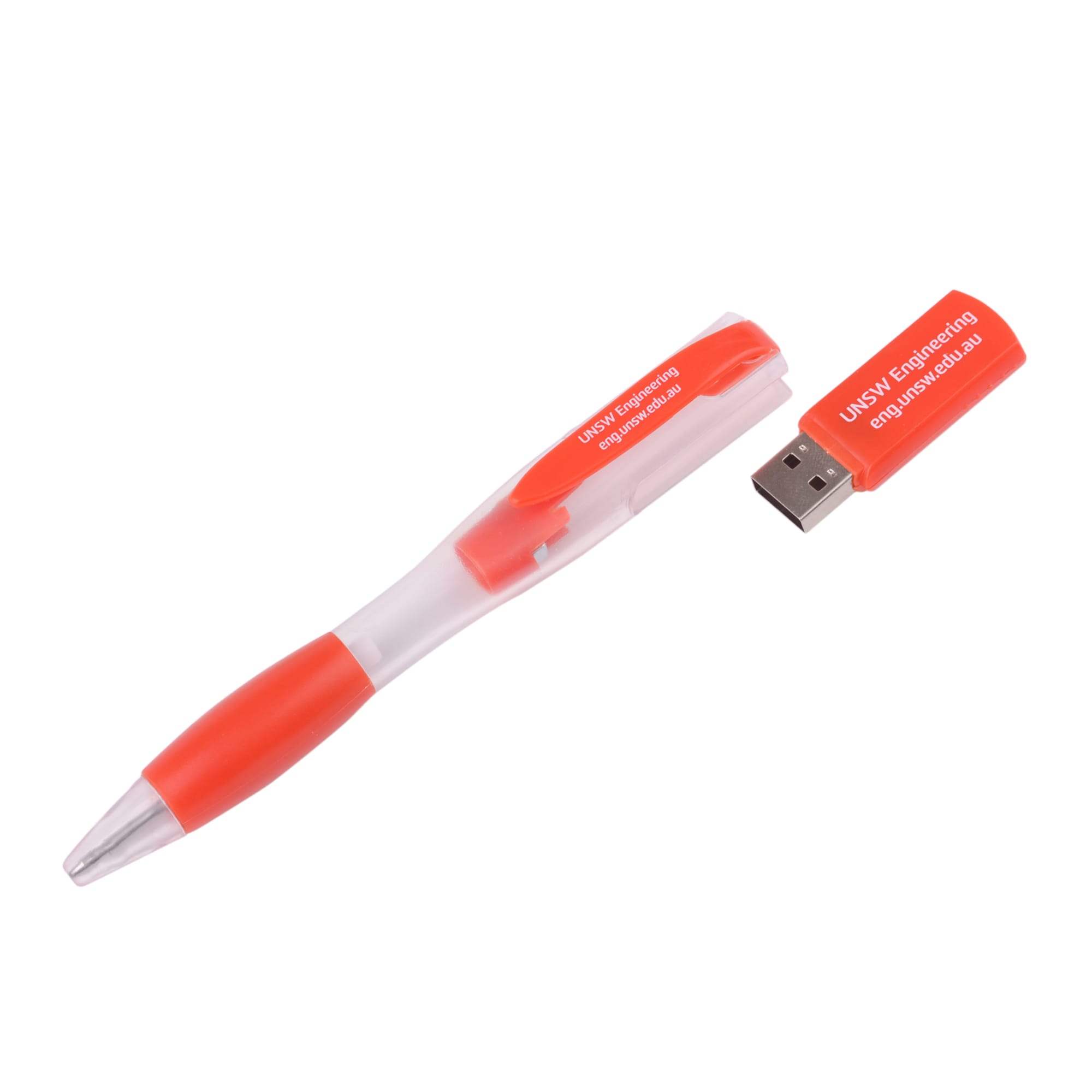 A red ballpoint pen with a removable orange flash drive. The pen has a clear barrel and features a logo.