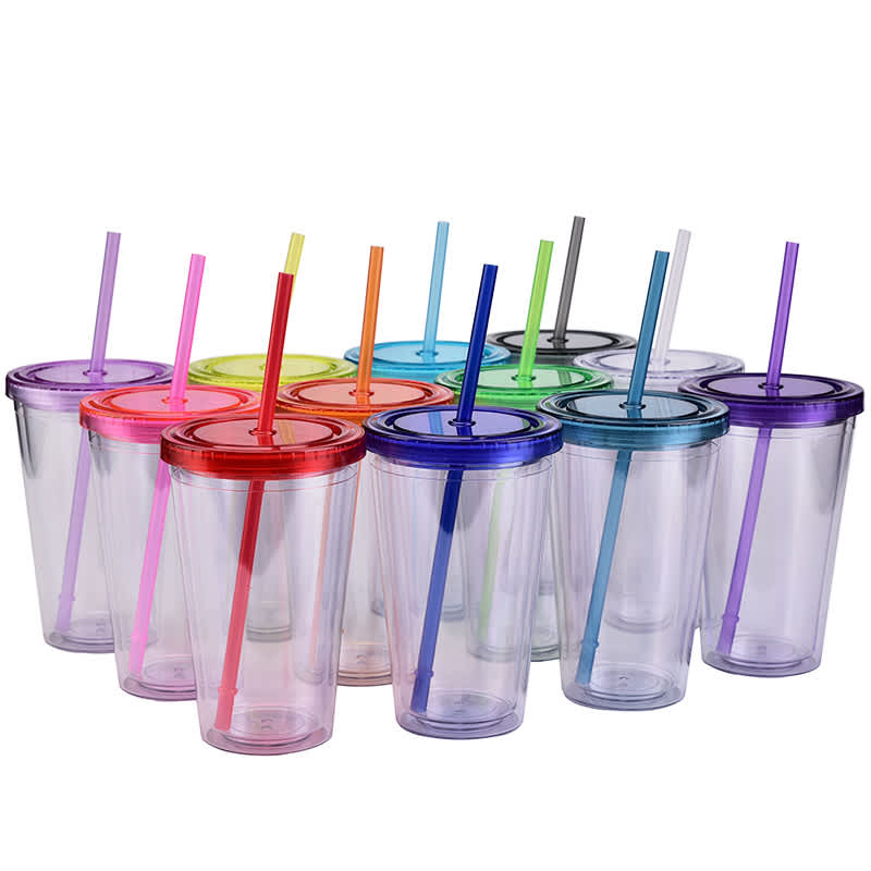 16oz Plastic Cups with Lids & Straws - PXD276 Image 