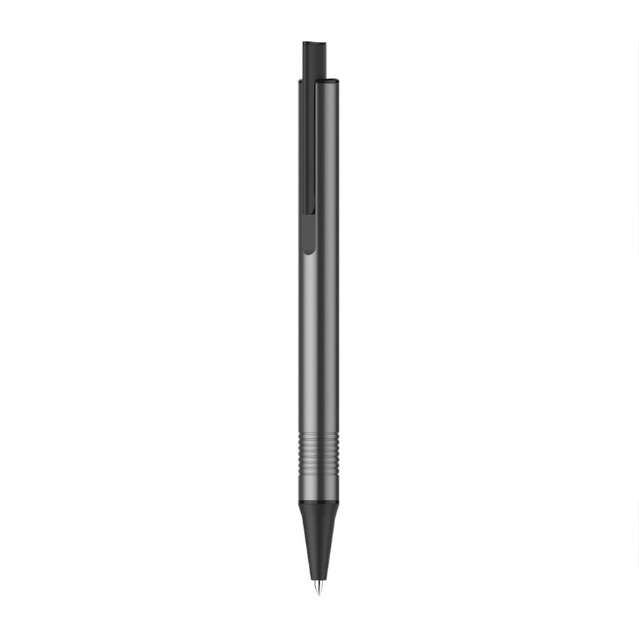 A black pen with a sleek design and a clip on the side, featuring a textured grip.