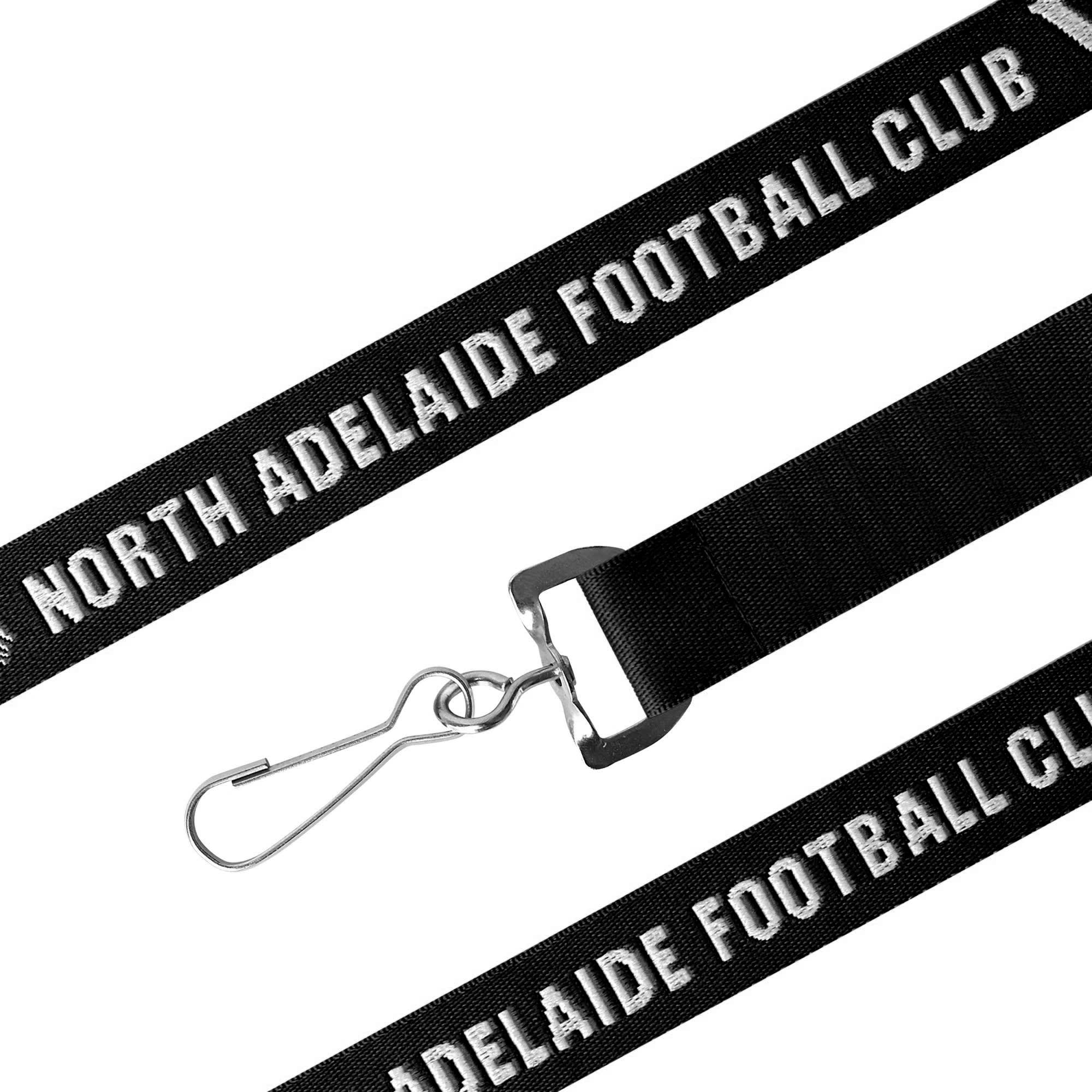 A black woven lanyard with a metal clip and branded text, featuring a logo.