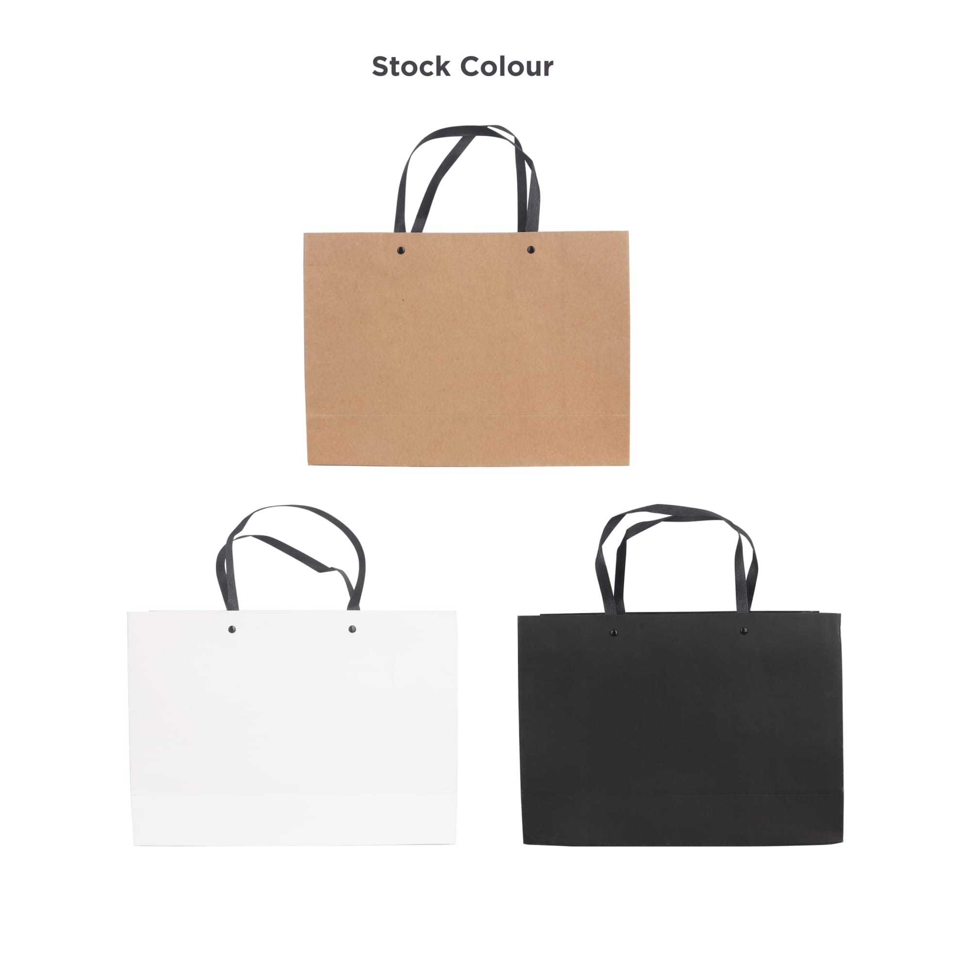 A medium paper bag with knitted handles in brown, white, and black options, featuring a logo.