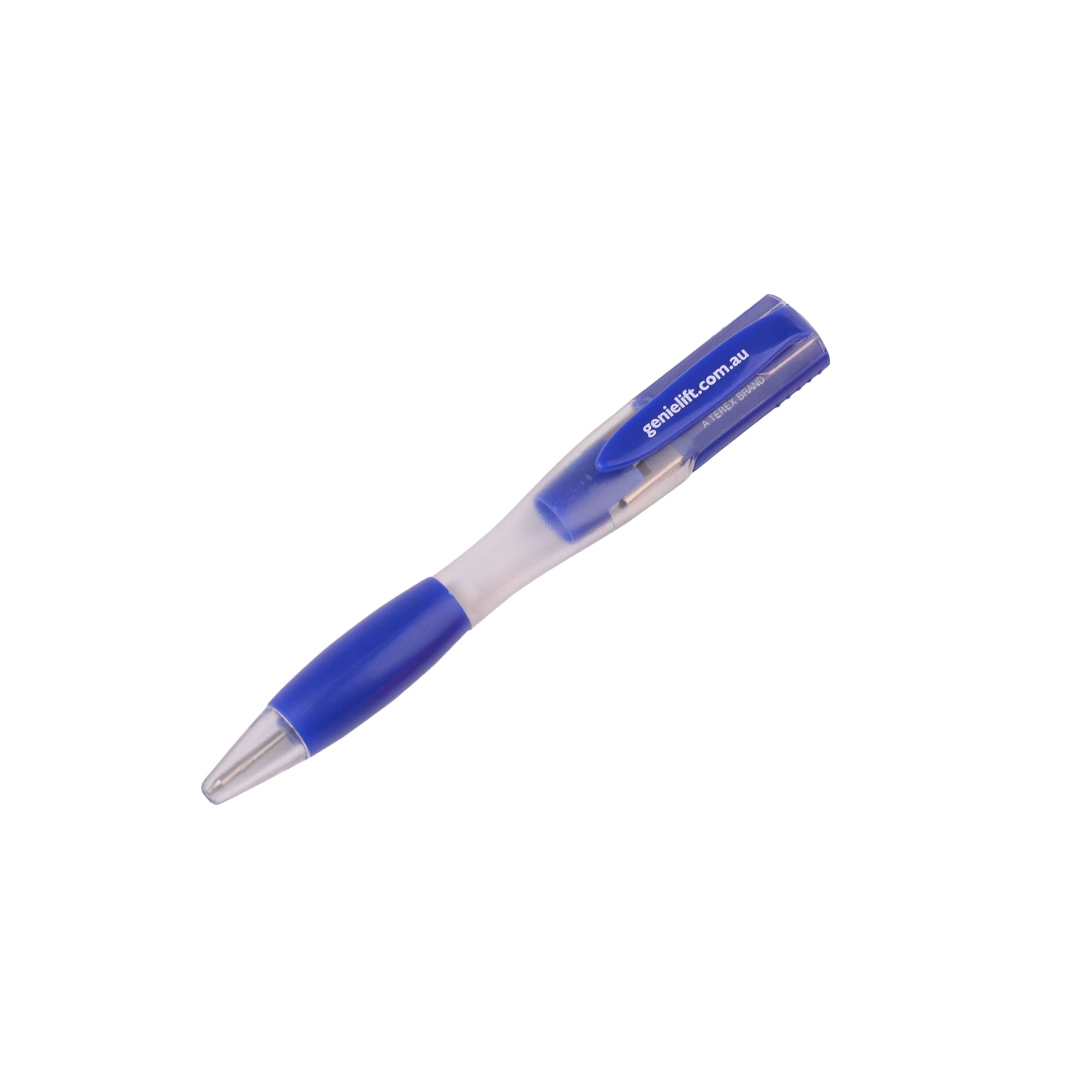 A blue ballpoint pen with a flash drive integrated into the design, featuring a logo on the body.