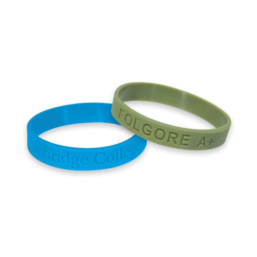 Two debossed silicone wristbands in blue and green, featuring distinct branding on each band.