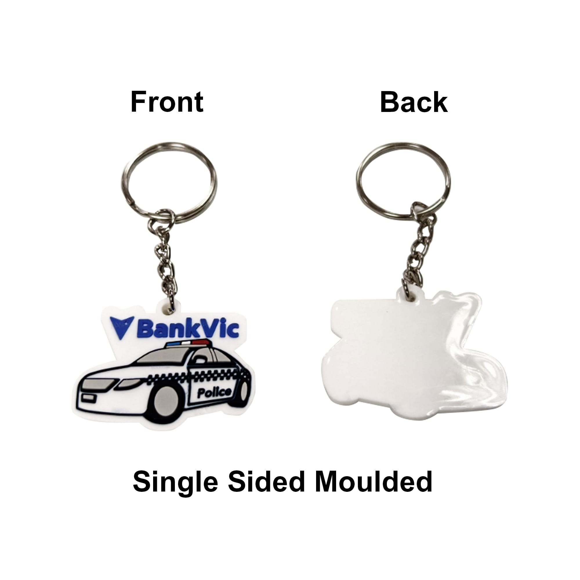 A custom shape keyring featuring a police car design in white and blue, with a metal chain and keyring attachment.