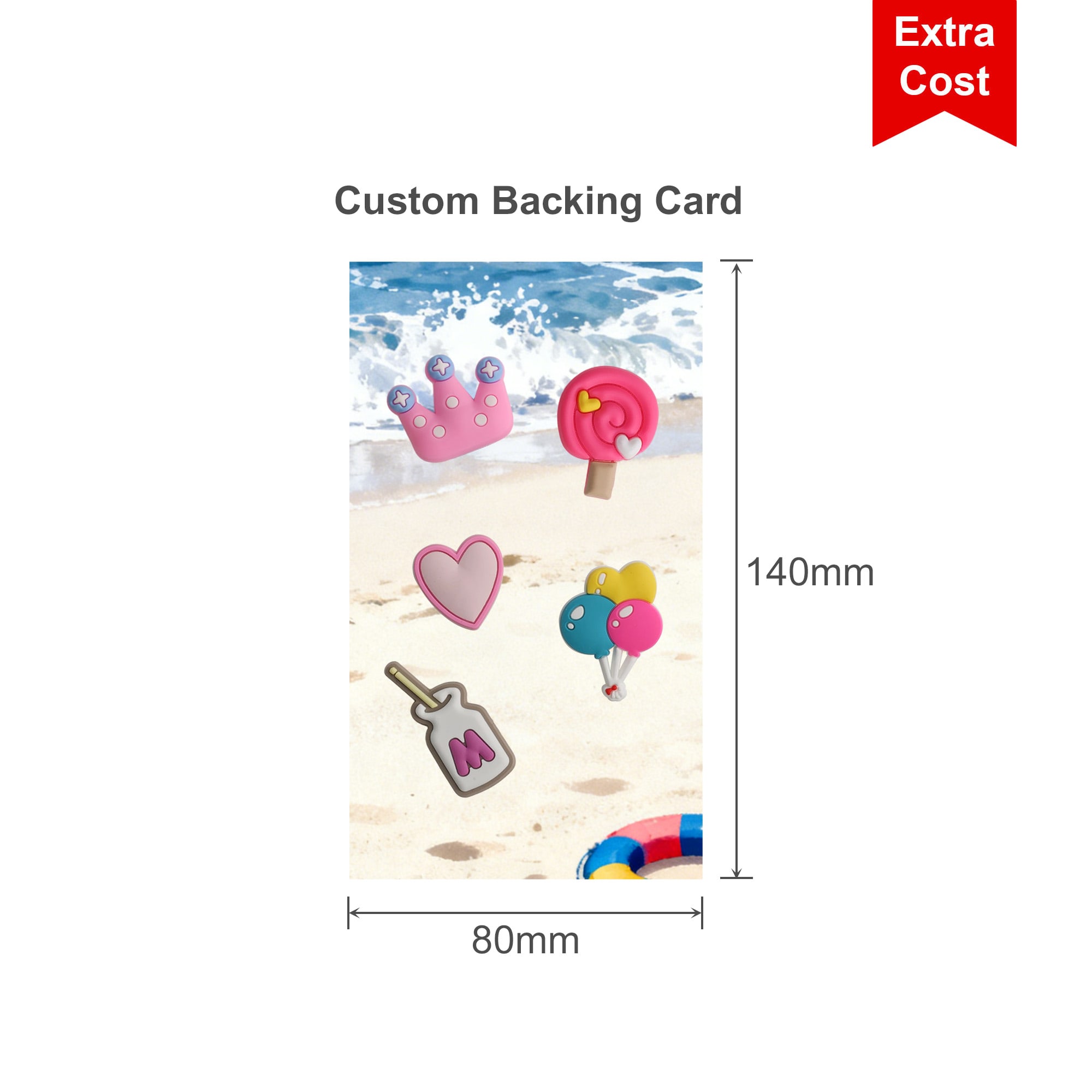 A backing card features playful icons like a crown, heart, ice cream, and balloons, against a beach background.