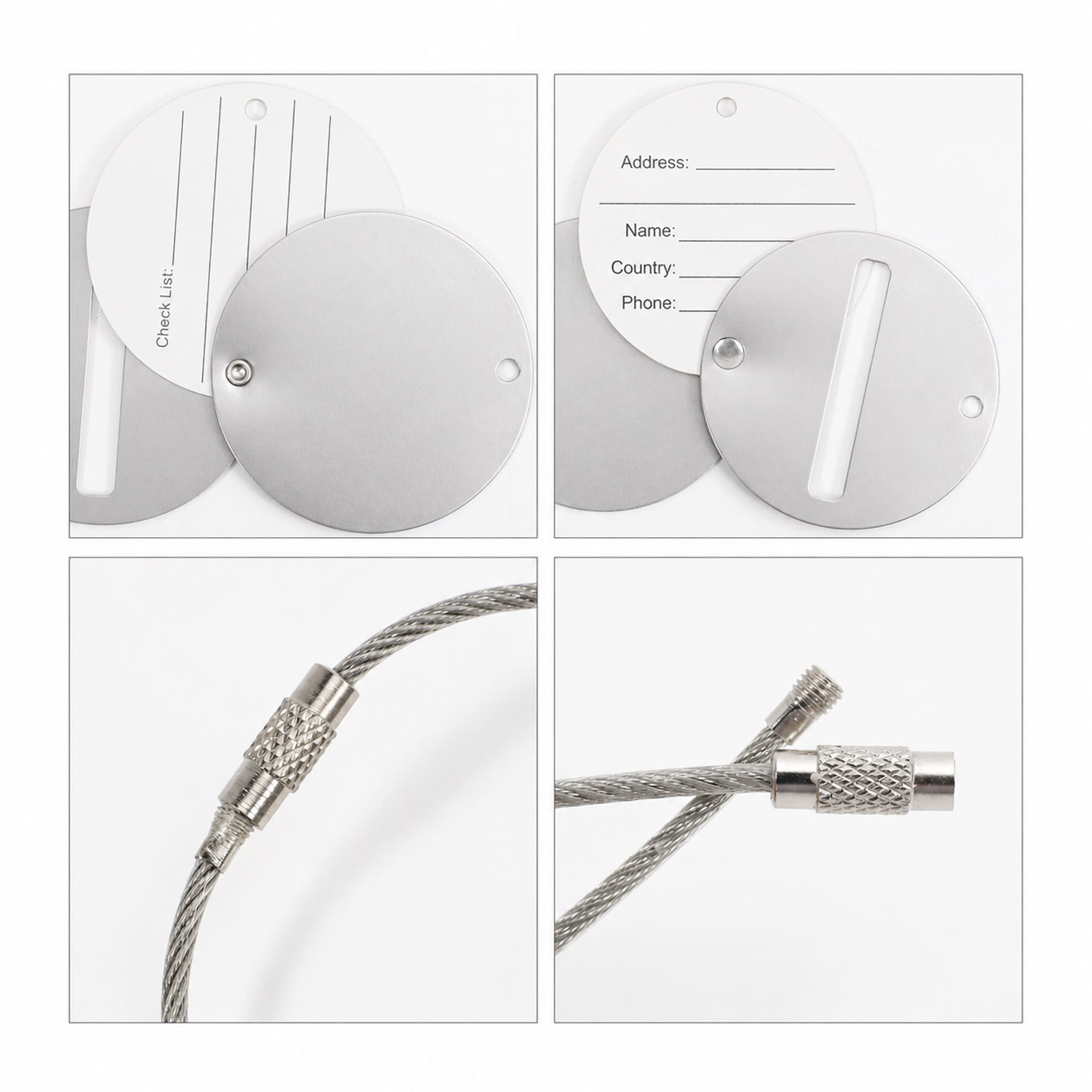 Round wire cable luggage tag in silver with a stainless steel finish, featuring a blank insert for personal details.
