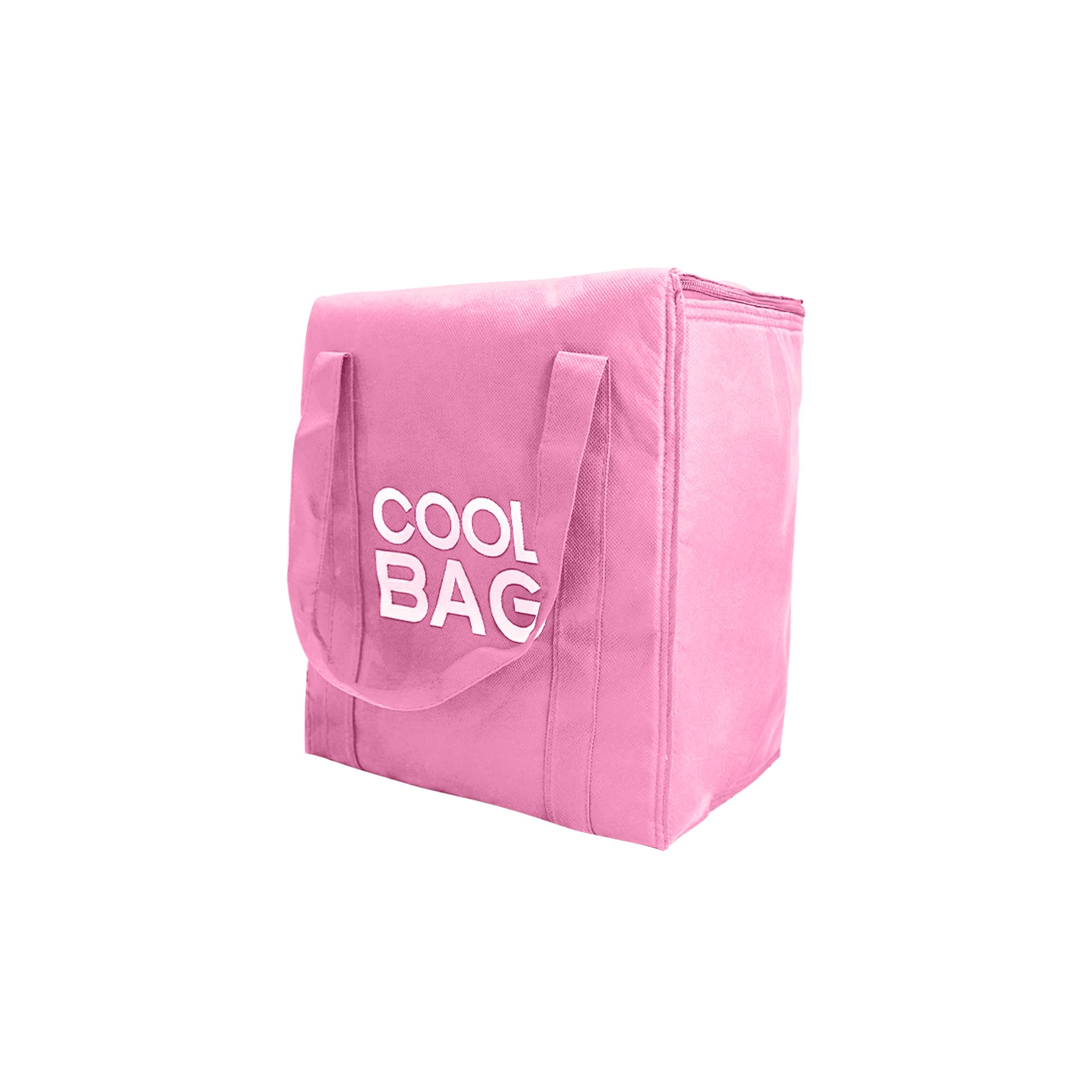 A pink non-woven cooler bag with sturdy handles and a logo on one side.