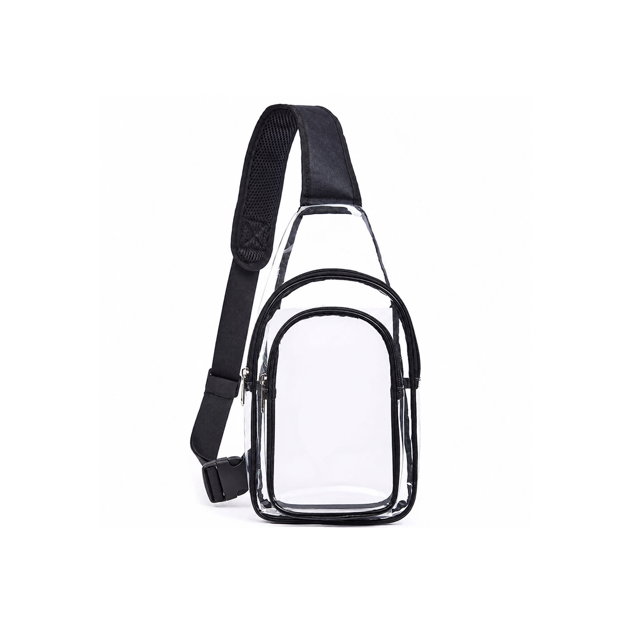 A clear PVC crossbody backpack with black accents and a single adjustable strap. Features a main compartment and smaller front pocket.