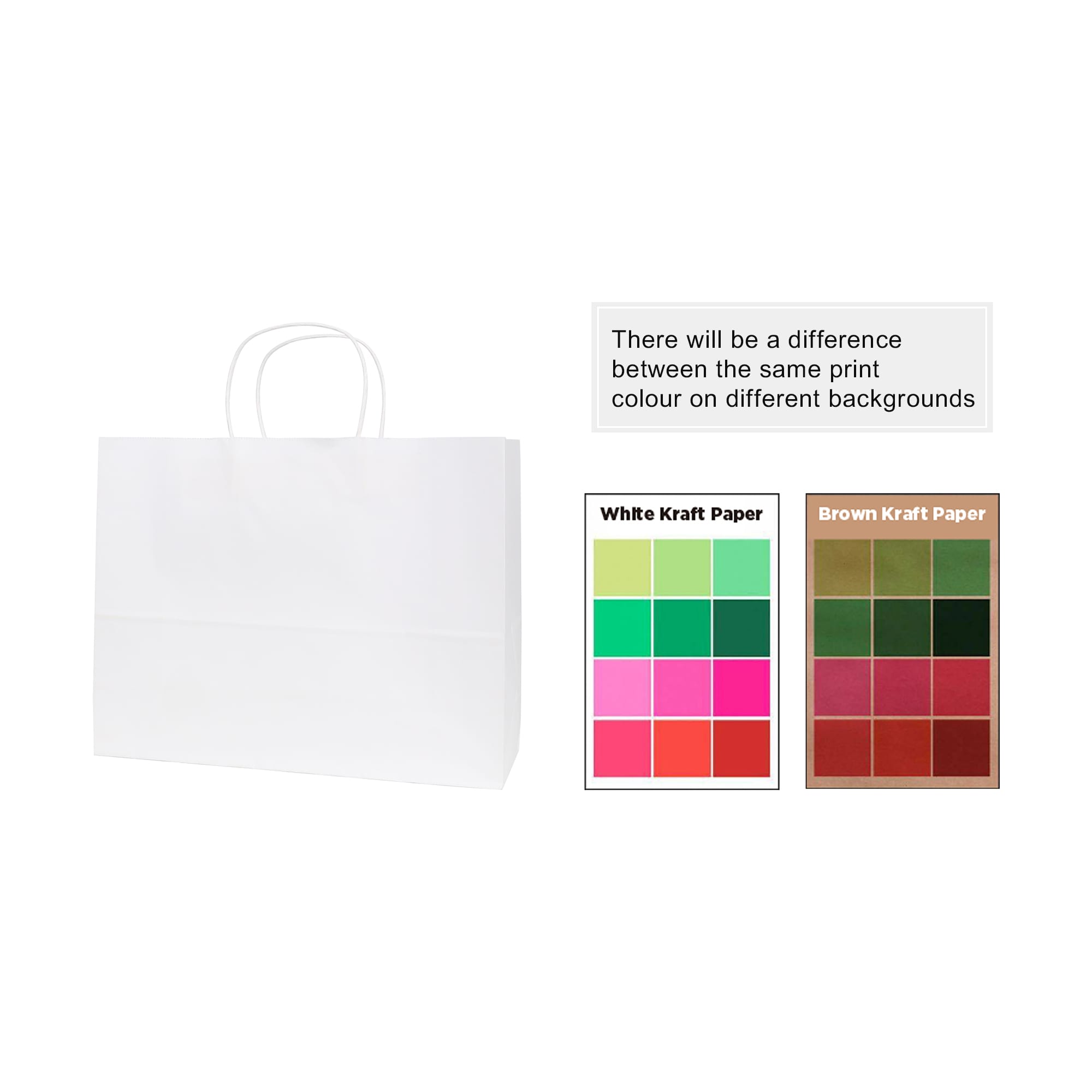 A white kraft paper bag with twisted handles. It features colour samples for white and brown kraft paper.