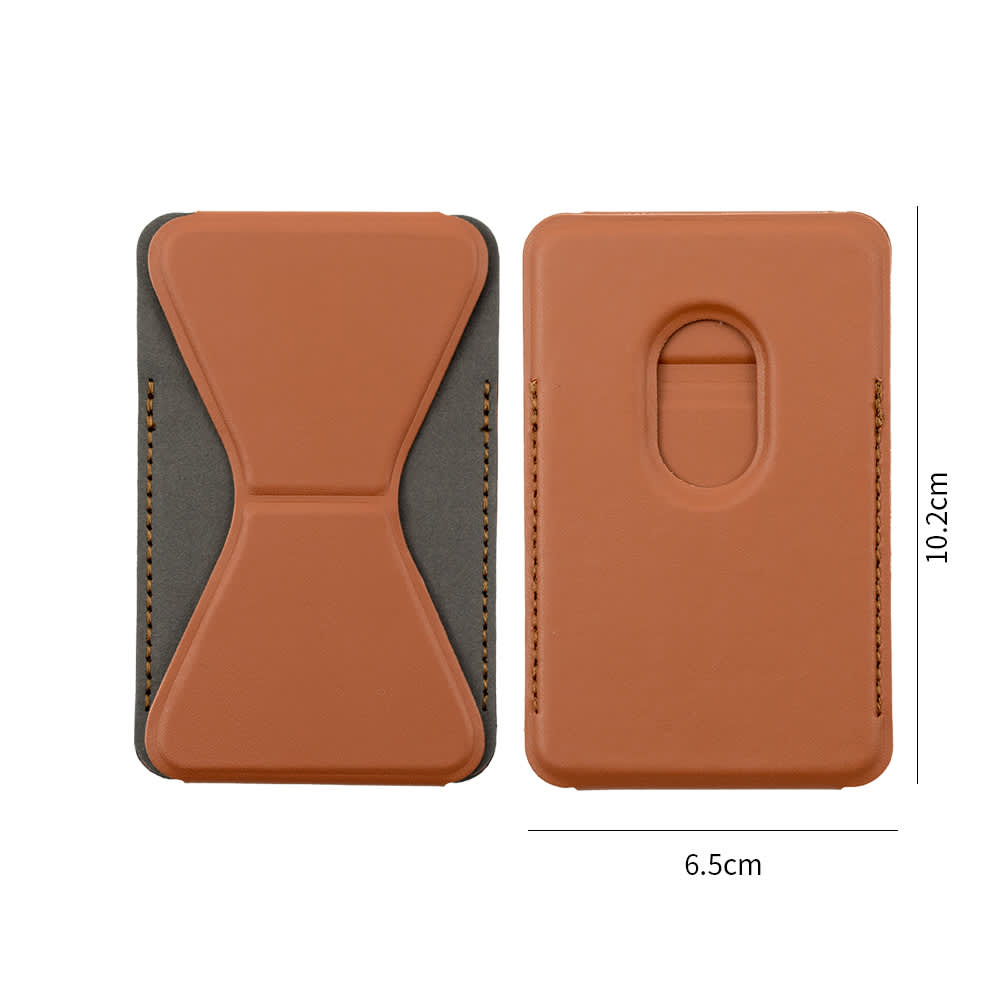 A brown PU MagSafe phone stand card holder, featuring a sleek design with a cutout and stitching details.