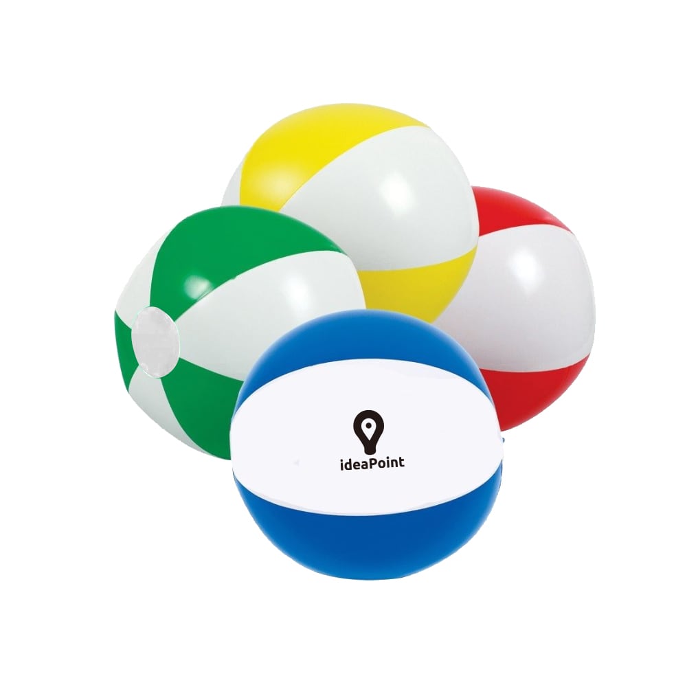 An assortment of inflatable beach balls in green, yellow, red, white, and blue, featuring a logo on one.