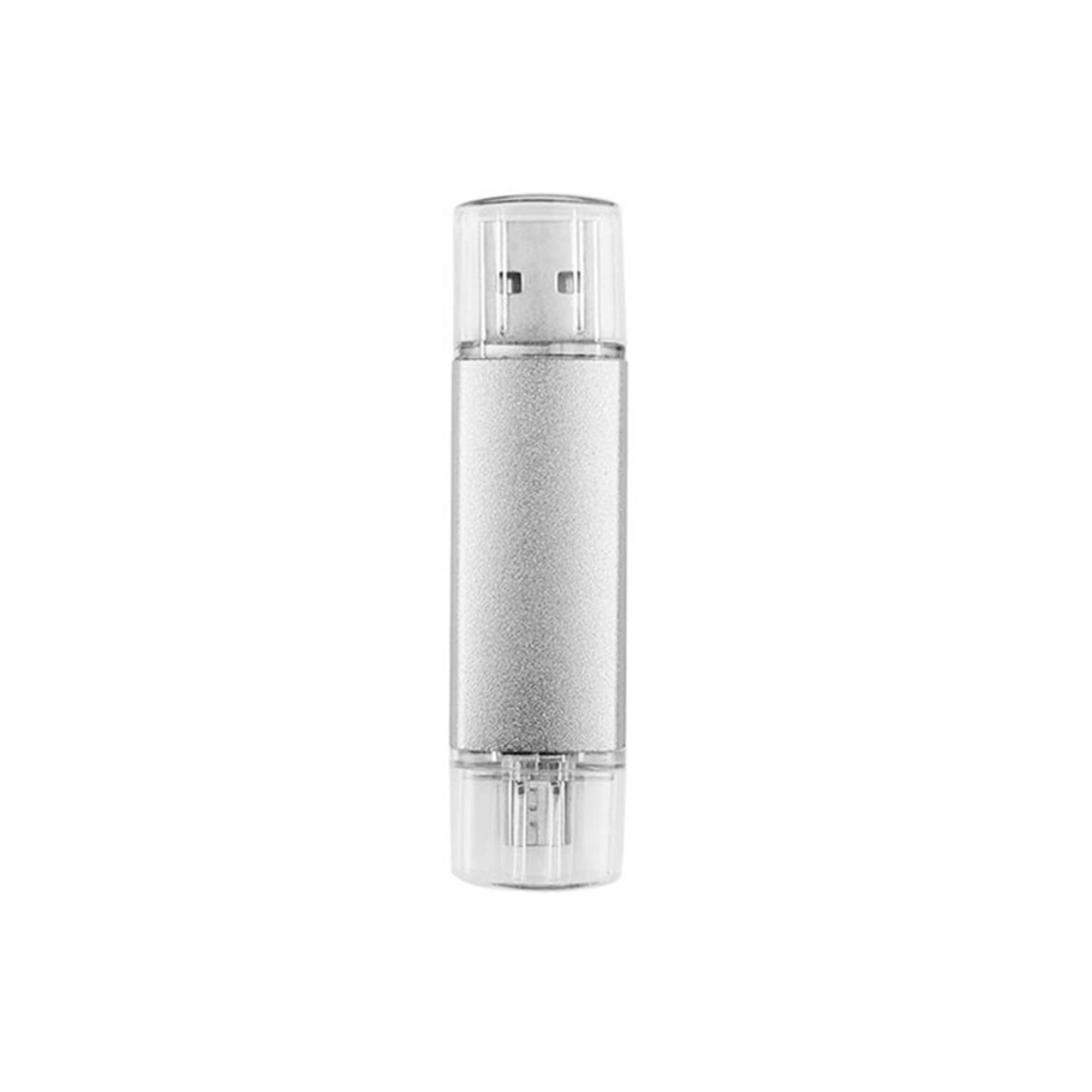 A silver double-ended flash drive with transparent ends, featuring a logo on one side.