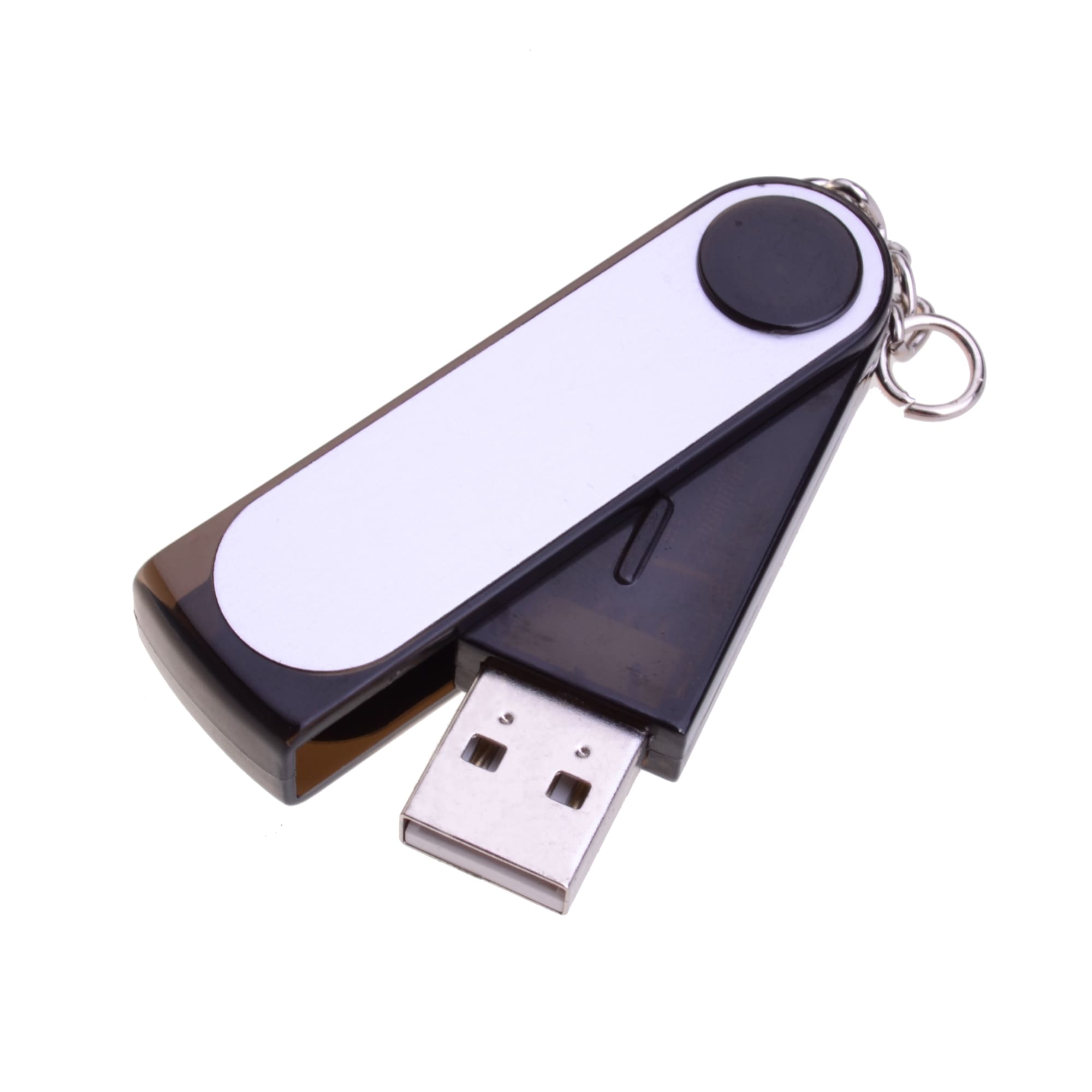 A black and white USB flash drive with a swivel design and a keychain attachment.