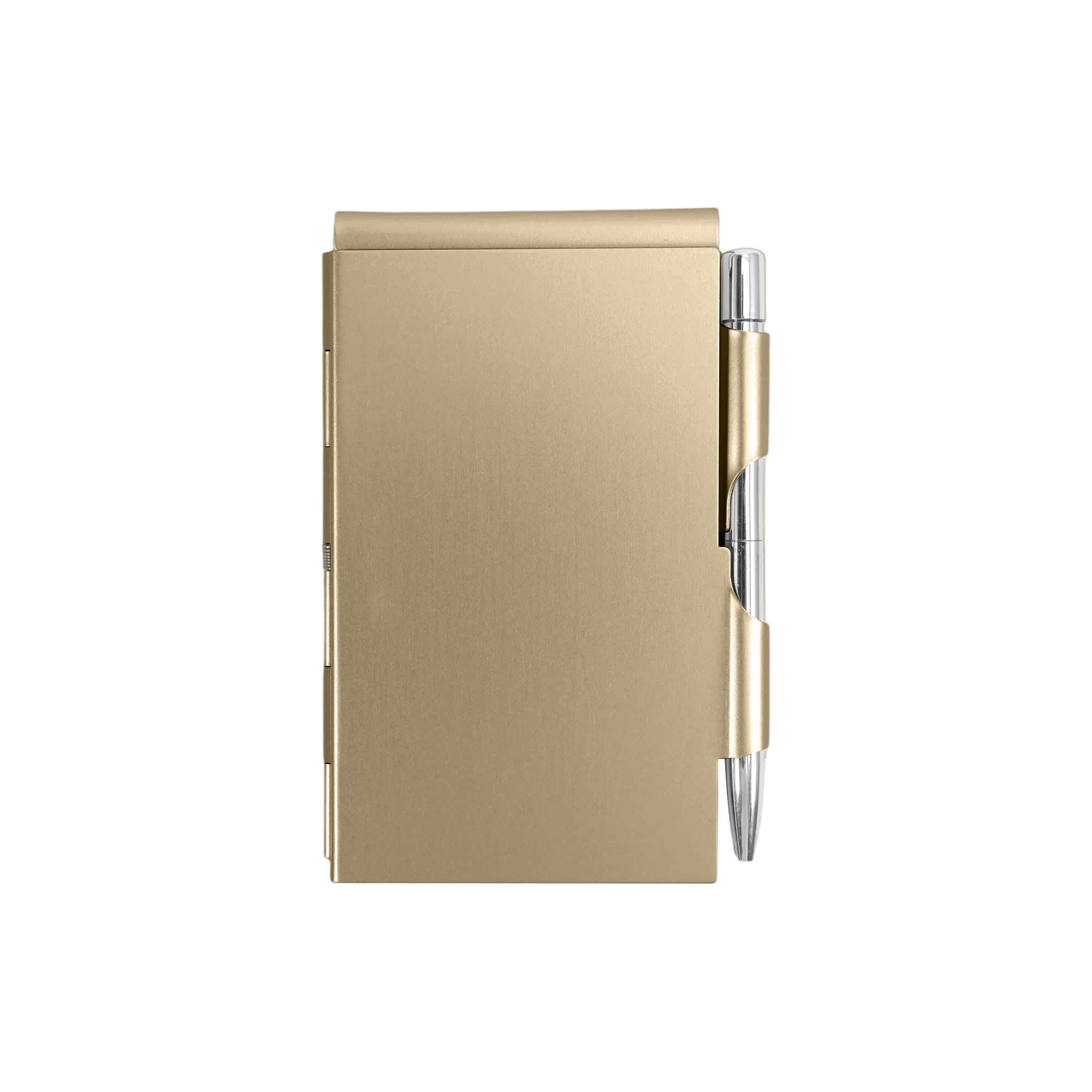 A gold aluminium pocket notebook with a silver pen attached. It features a sleek, minimalist design.