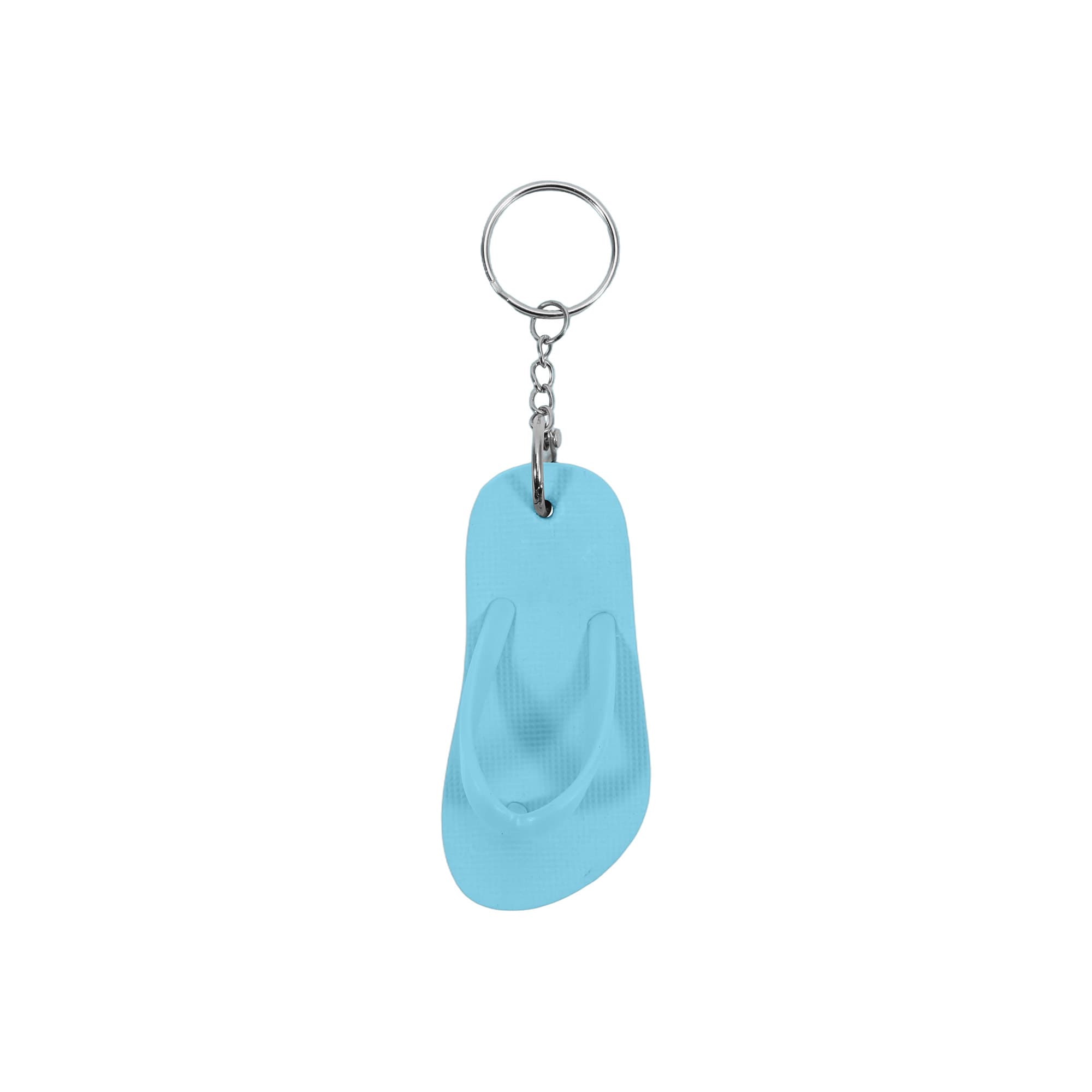 A blue thong-shaped keyring with a metal chain and circular keychain attachment.