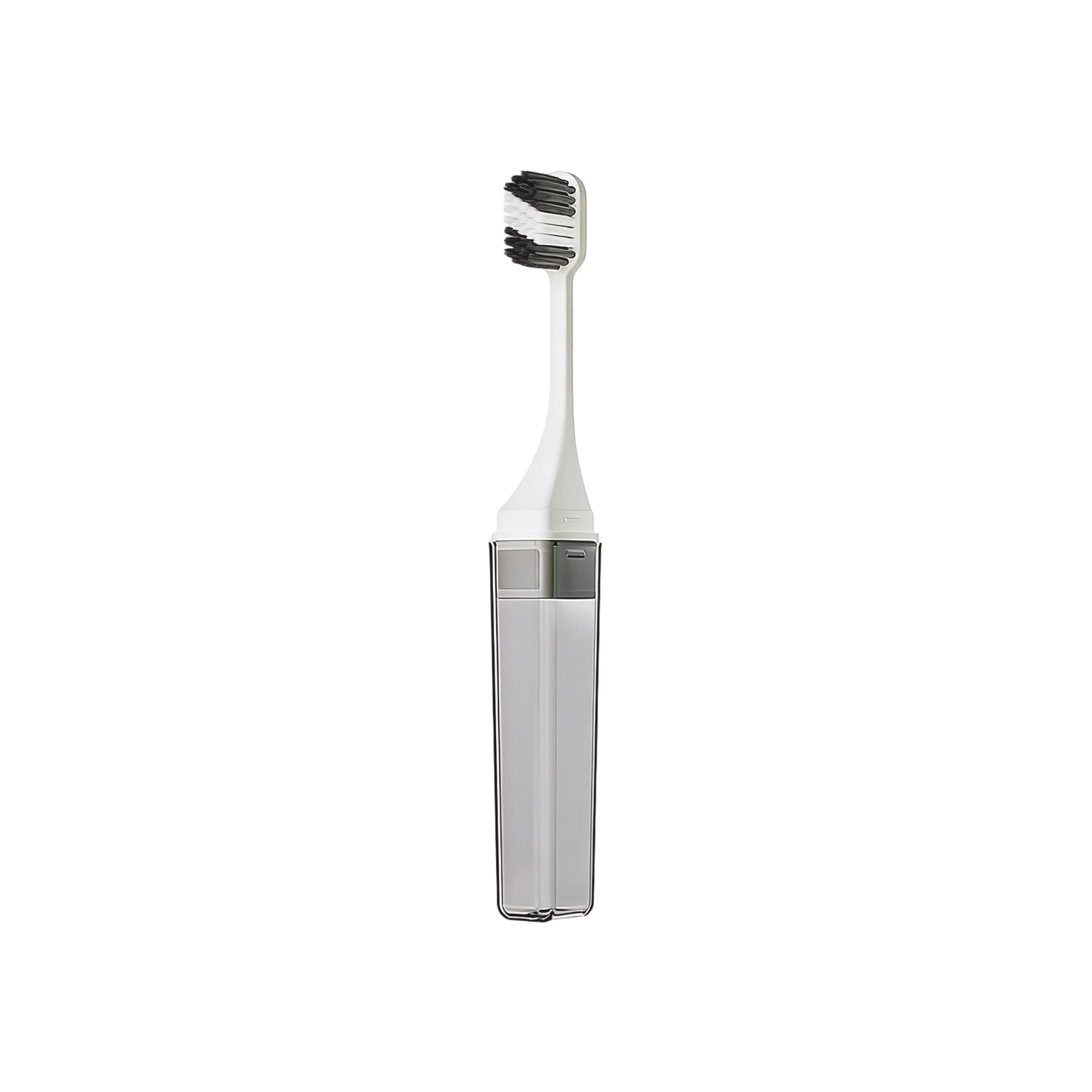 A square, foldable handle toothbrush in white and grey, housed in a sleek storage case with a logo.