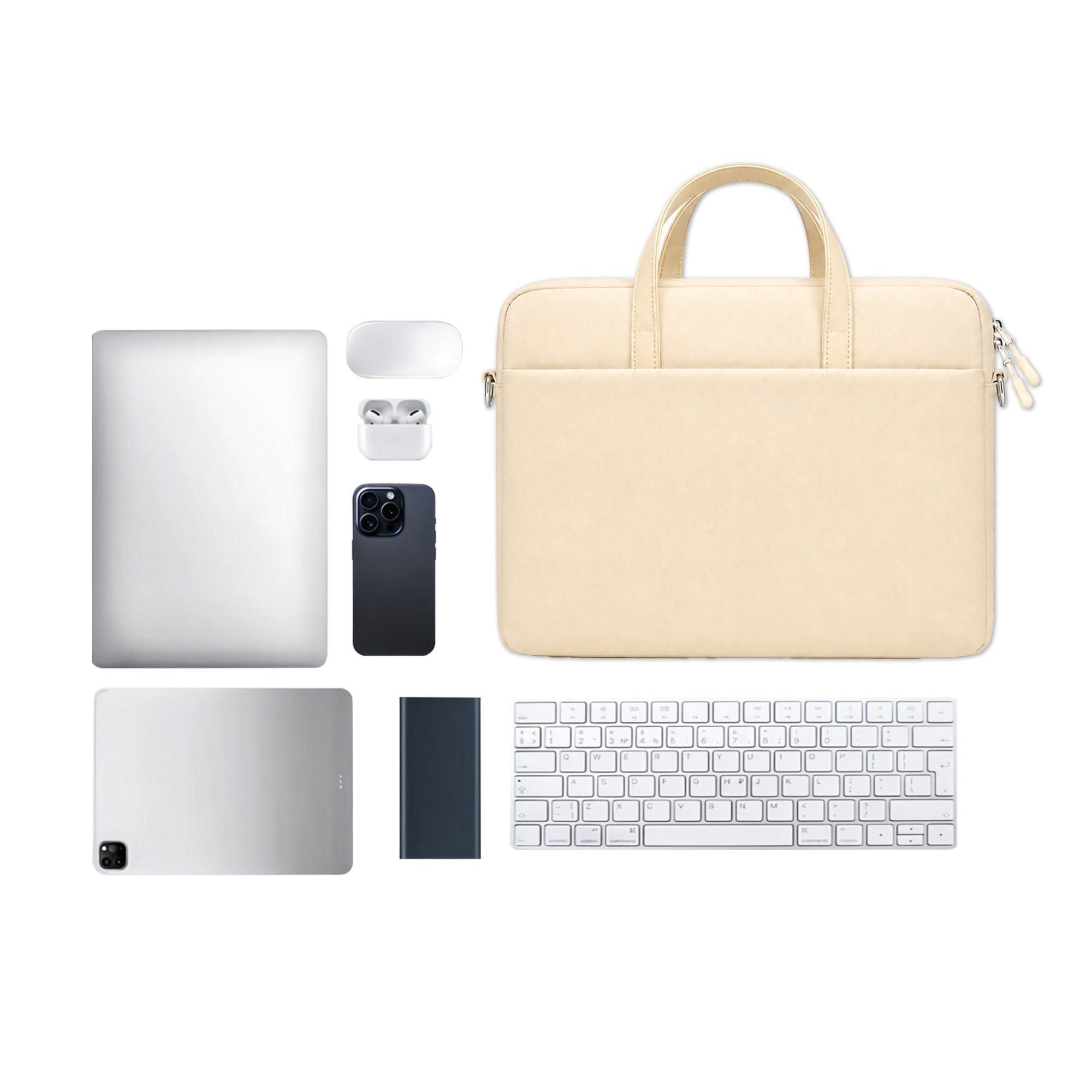 A beige laptop bag with a buffer pad, accompanied by a laptop, phone, keyboard, and other accessories.