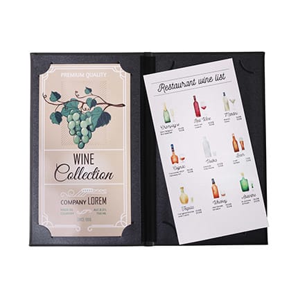 A black menu holder containing a wine collection cover and a printed wine list featuring various drink options.
