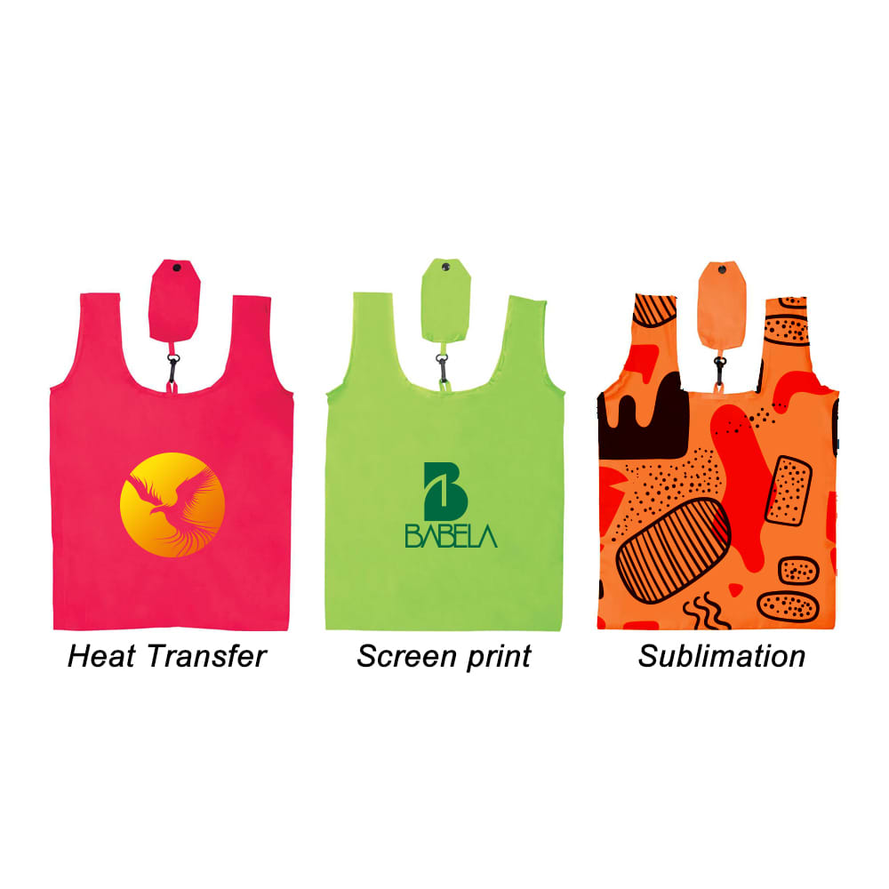 A compact foldable shopping tote bag in pink, green, and a patterned orange, each featuring a logo.