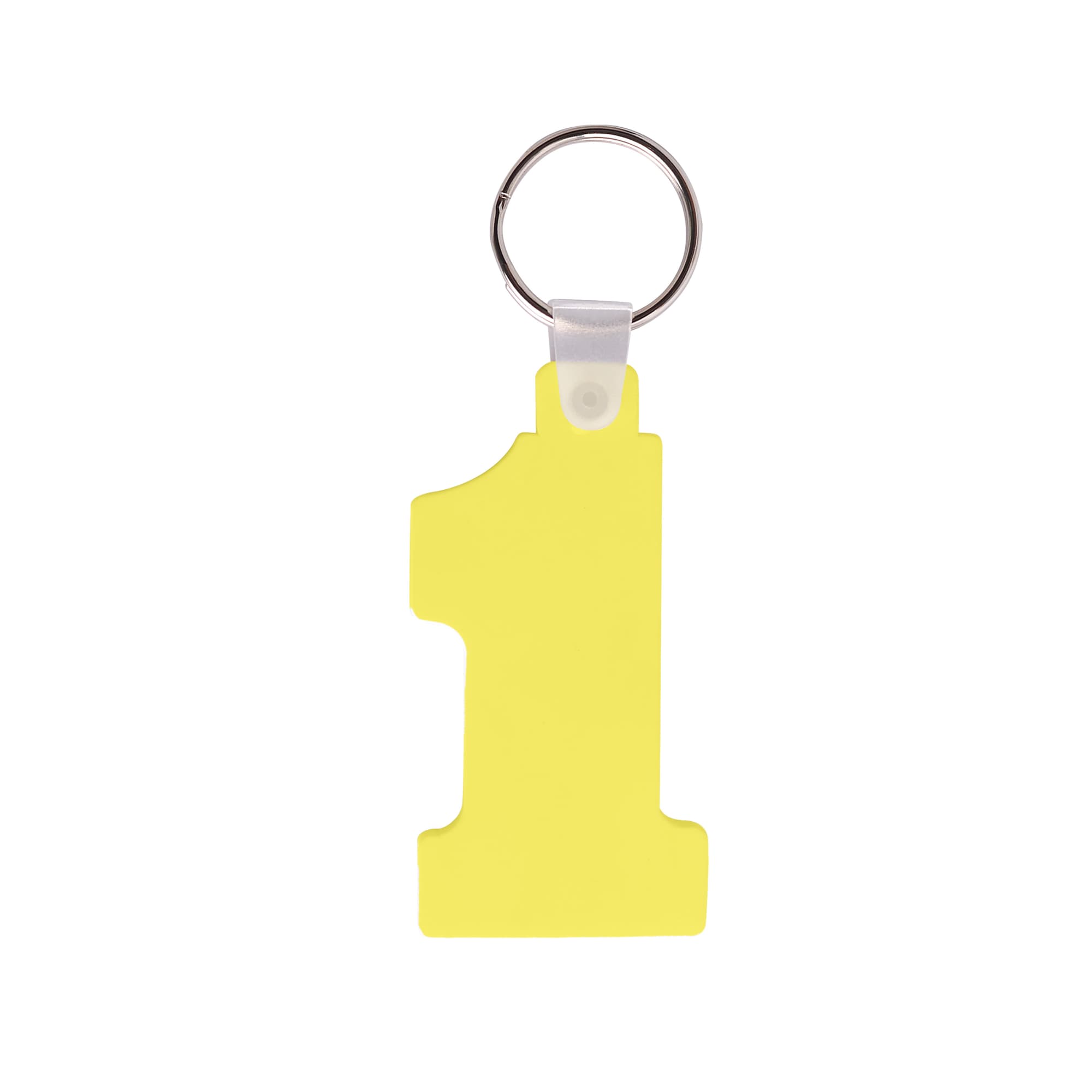 A yellow keyring shaped like the number one, attached to a metal keyring. It features a simple design and a logo.