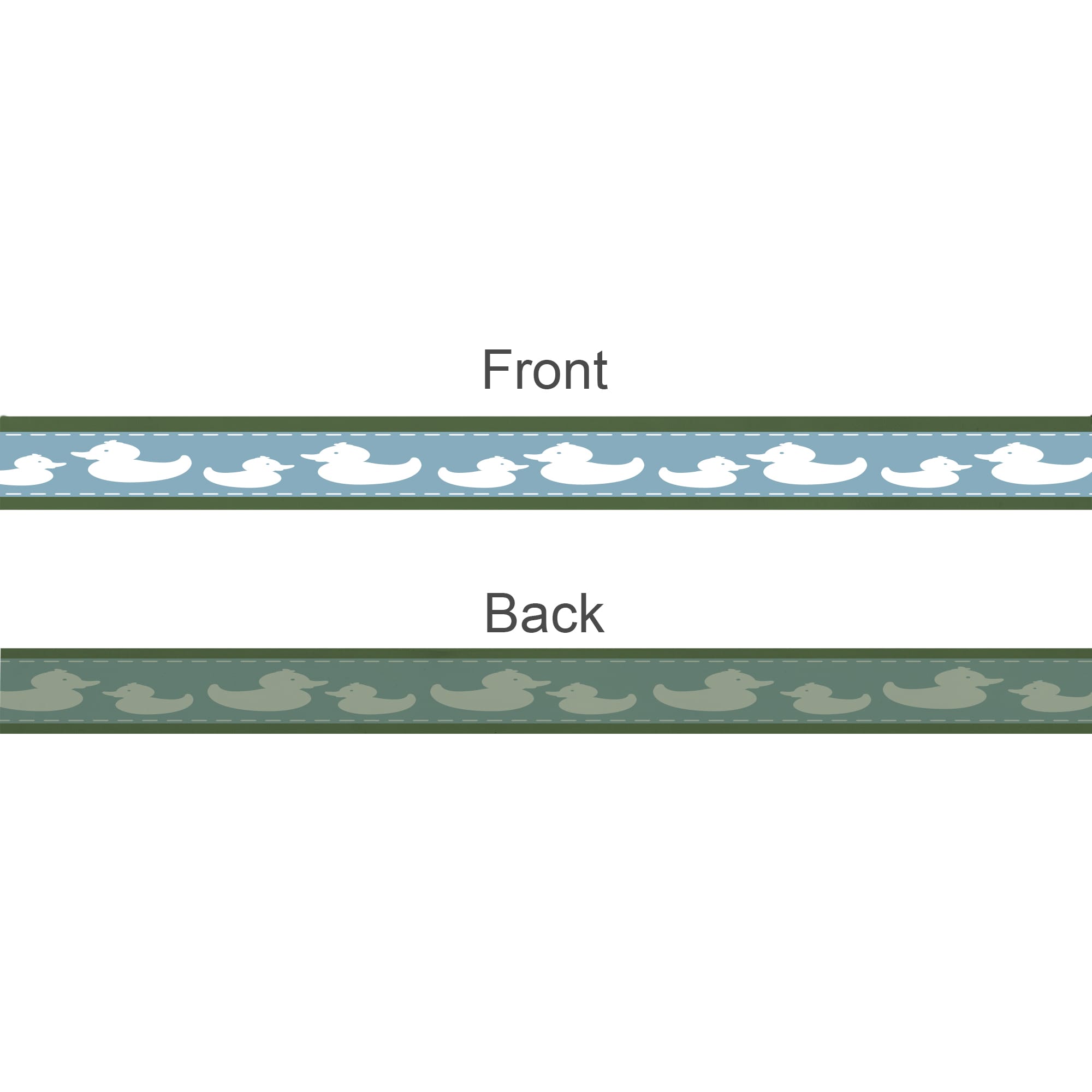 A ribbon featuring a repeating duck pattern in light blue on the front and dark green on the back, with a logo present.