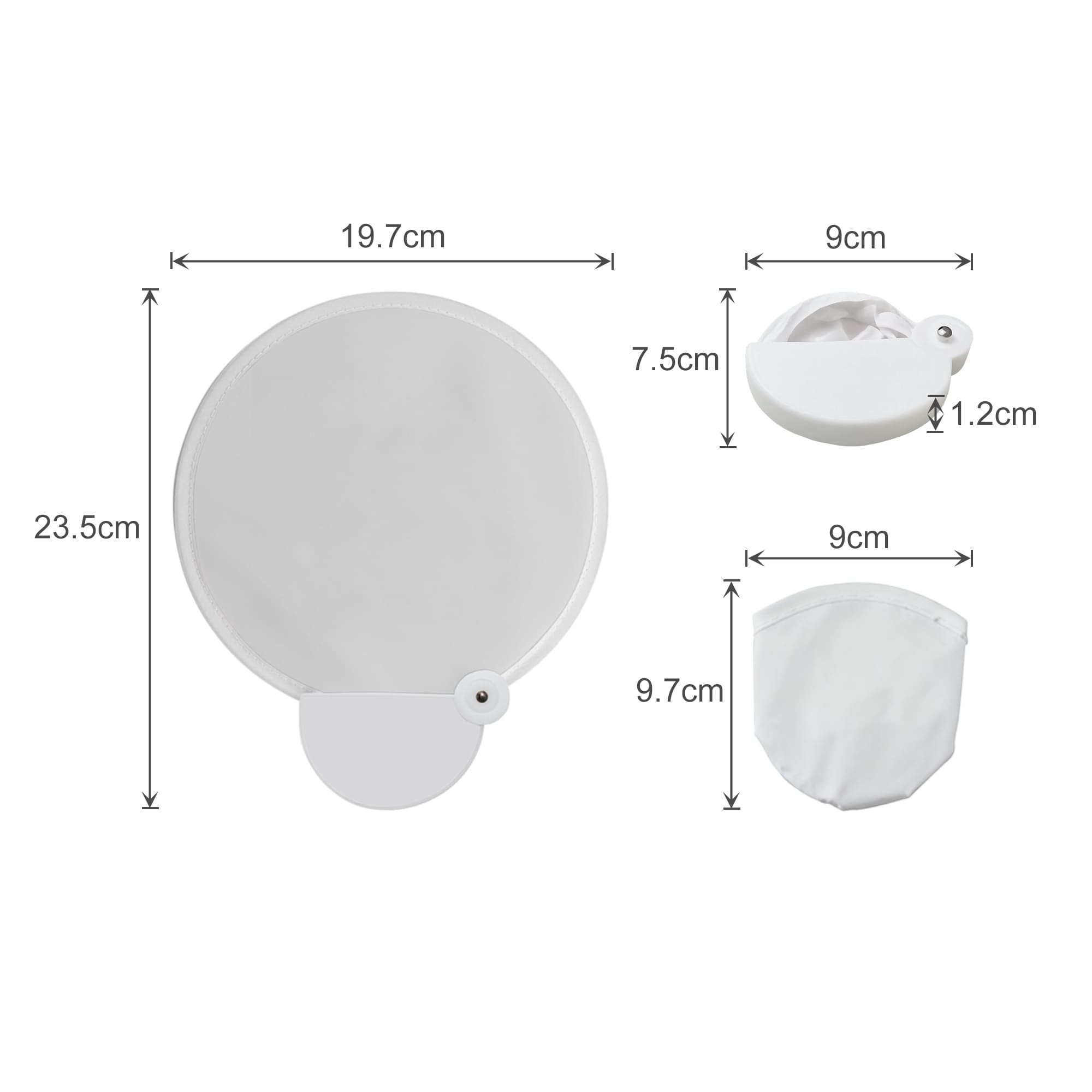 A 20cm foldable reflective fan in white, displayed in both open and closed positions with measurement details.