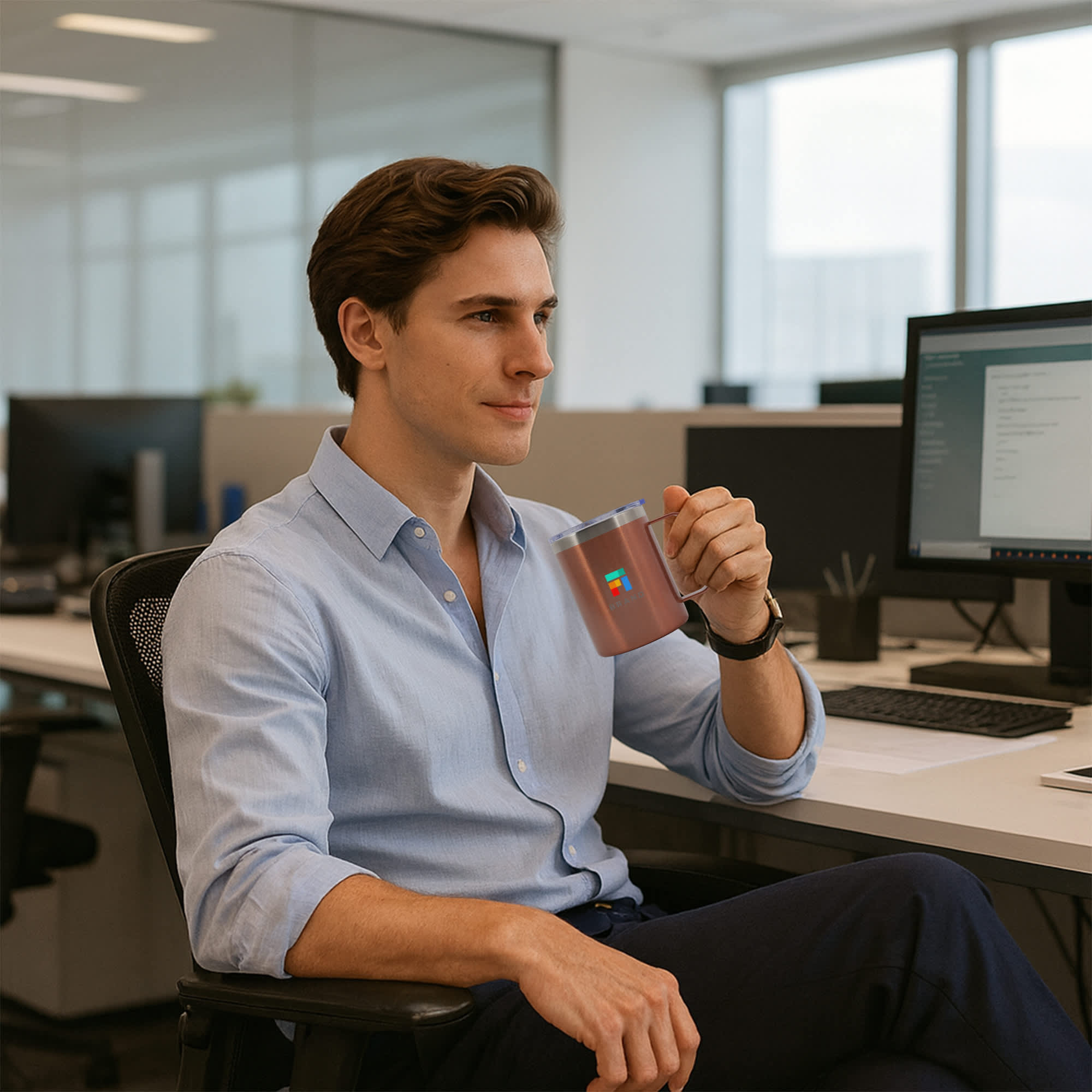 A stainless steel cup with handle in a clear design, held by a man in a blue shirt, sitting at a desk in an office.