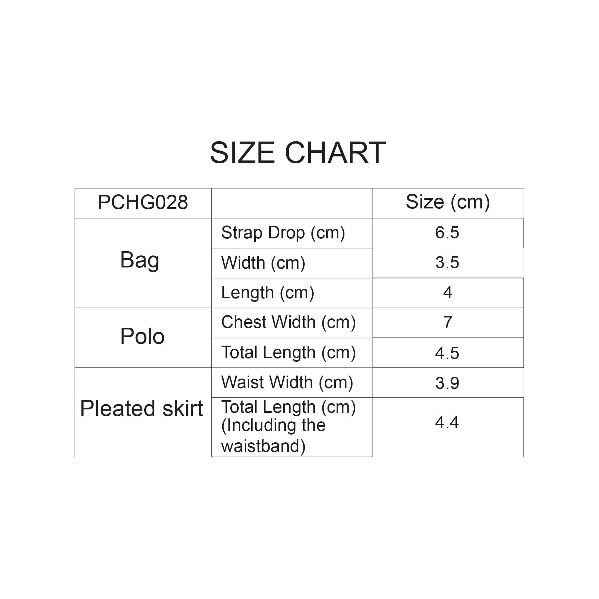A size chart listing measurements for a bag, polo, and pleated skirt, with dimensions provided in centimetres.