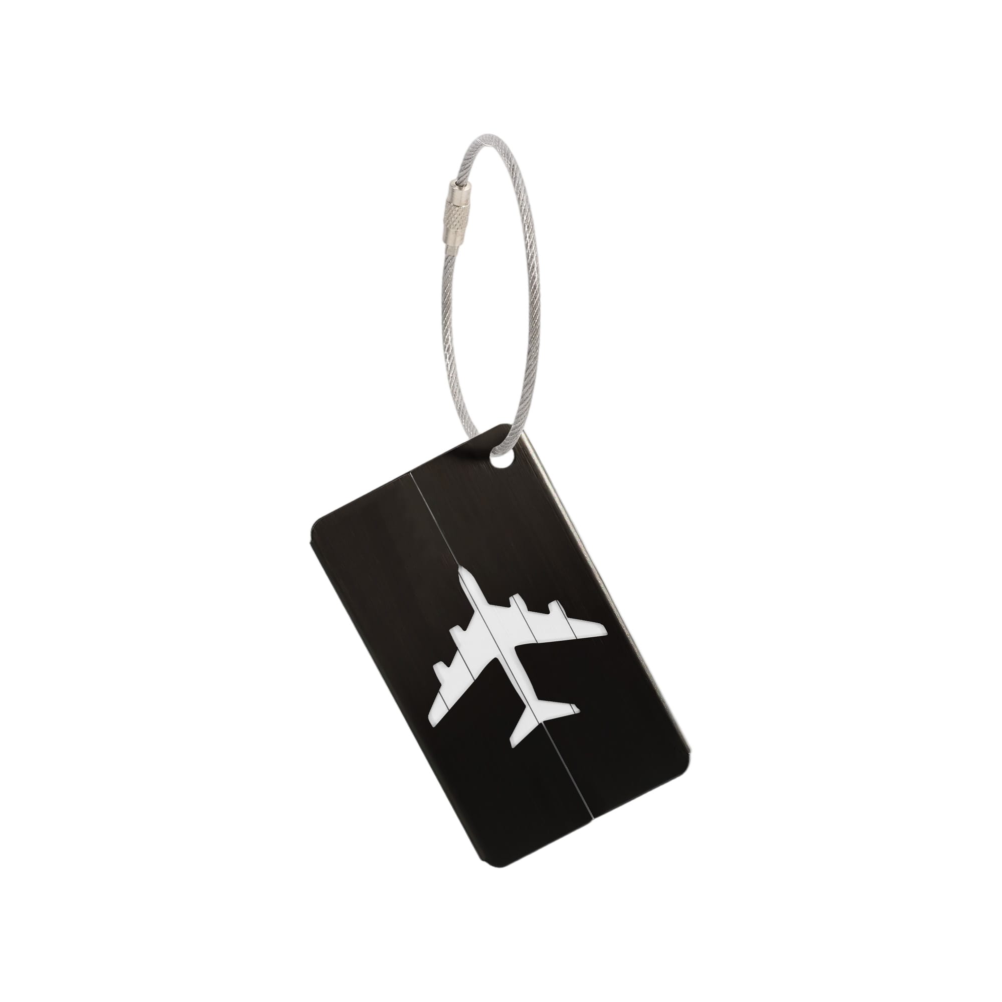 A black luggage tag featuring a white airplane design, attached with a metal wire loop.