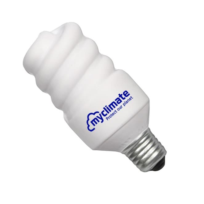 A white, light bulb-shaped stress reliever with a logo, featuring a screw base design.