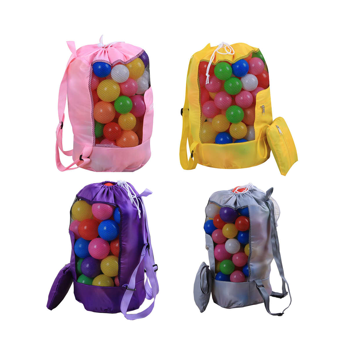 A foldable mesh drawstring backpack in pink, yellow, purple, and grey, filled with colourful balls. Features a logo.