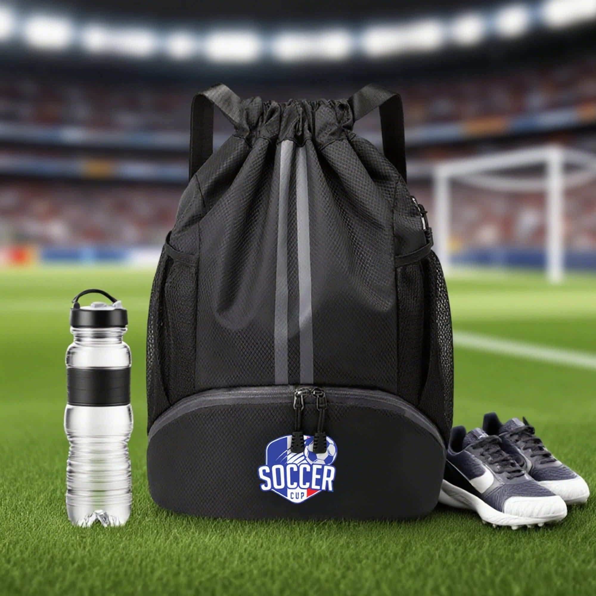 A black drawstring backpack with a bottom compartment, water bottle, and a pair of shoes on a grassy field.