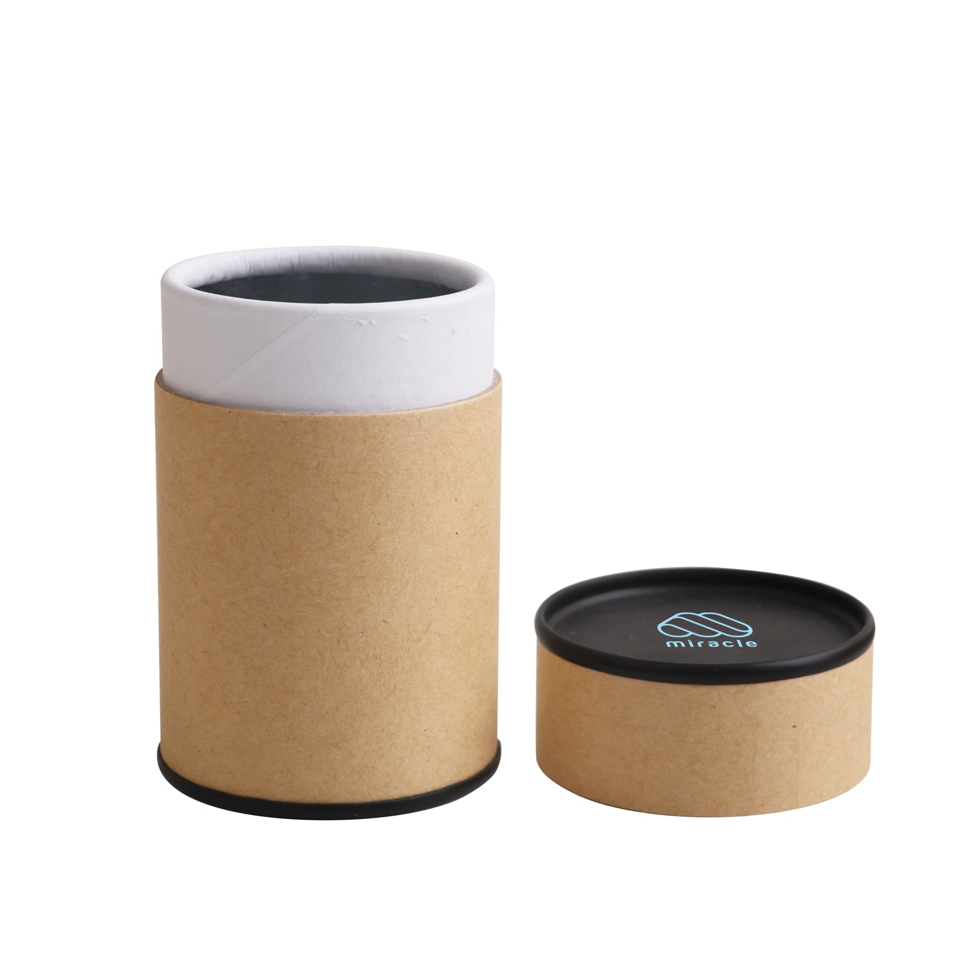 Medium kraft paper cylinder with a black lid, featuring a logo on the lid. The cylinder is cylindrical and brown.