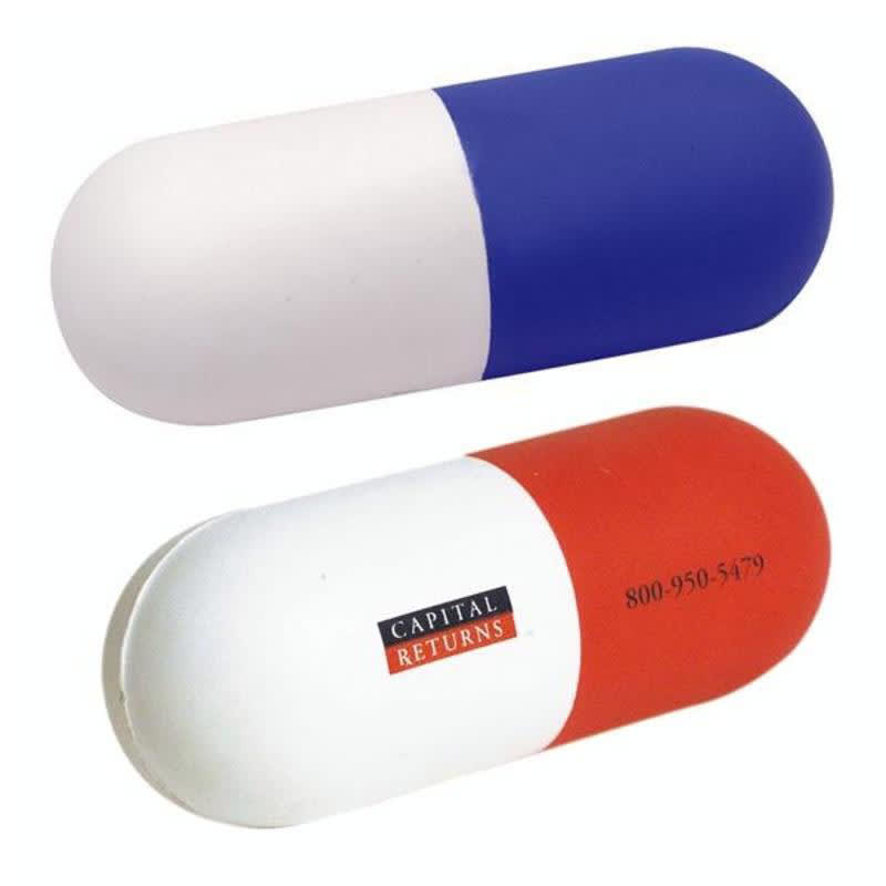 A capsule-shaped stress reliever in blue and white on one side, red and white on the other, featuring a logo.