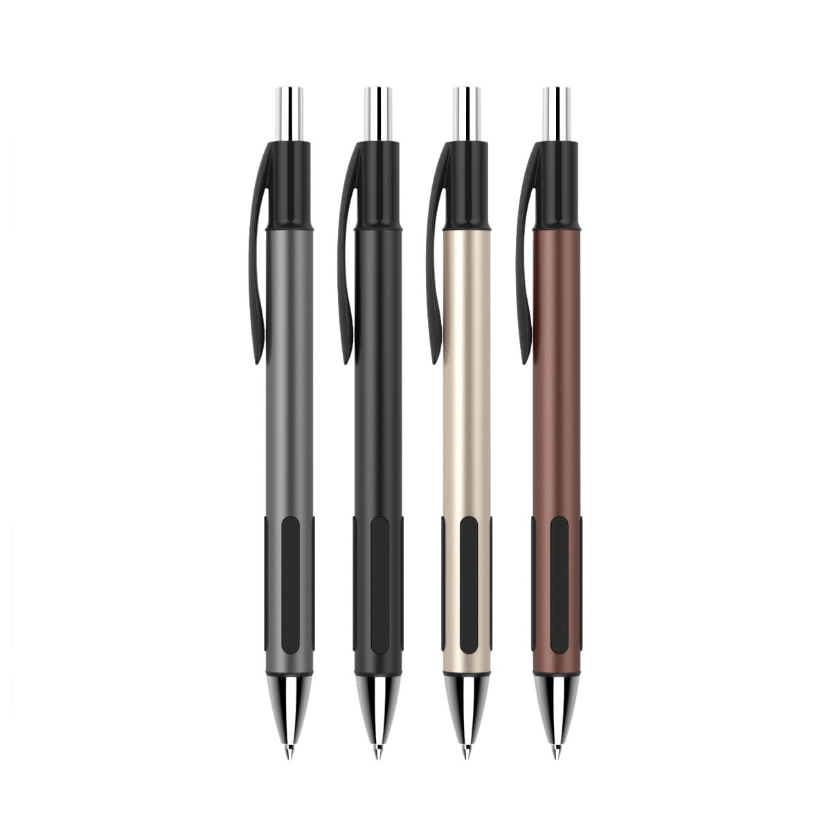A set of four plastic pens in black, grey, gold, and brown, featuring a logo on the barrel.